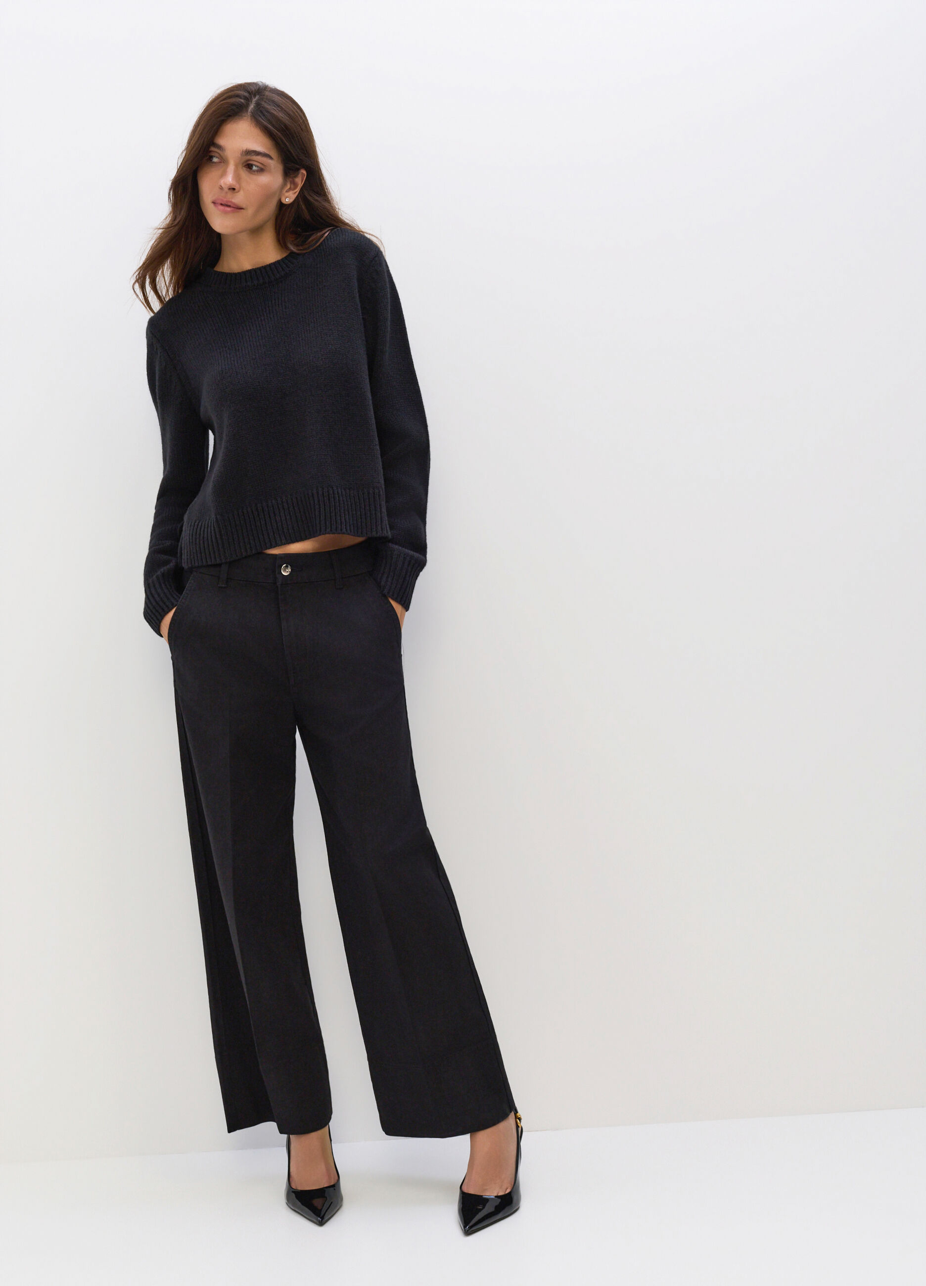 Pantaloni Wide Leg in denim di misto cotone stretch donna_0
