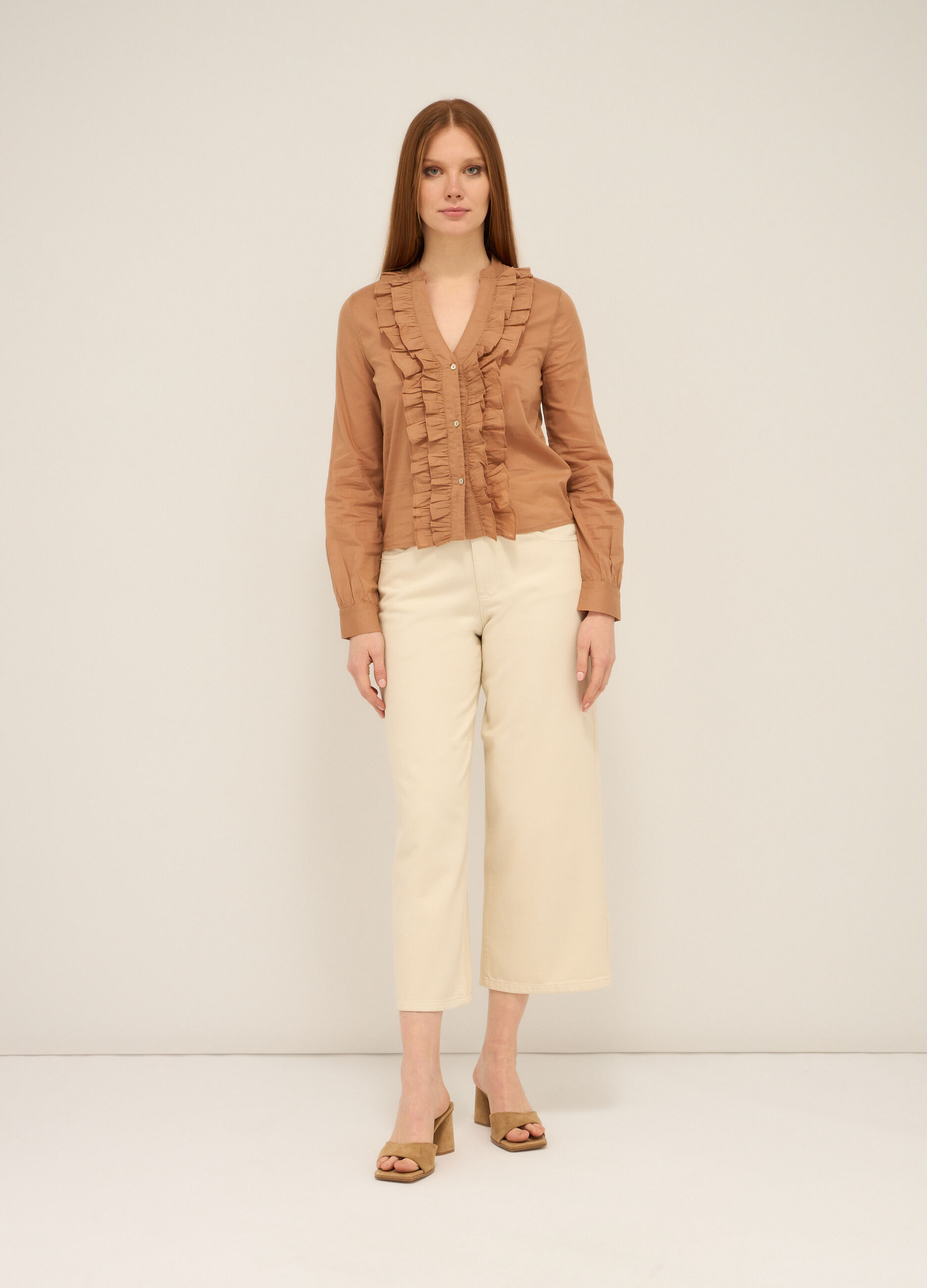 Pantaloni wide leg in denim di puro cotone donna_0