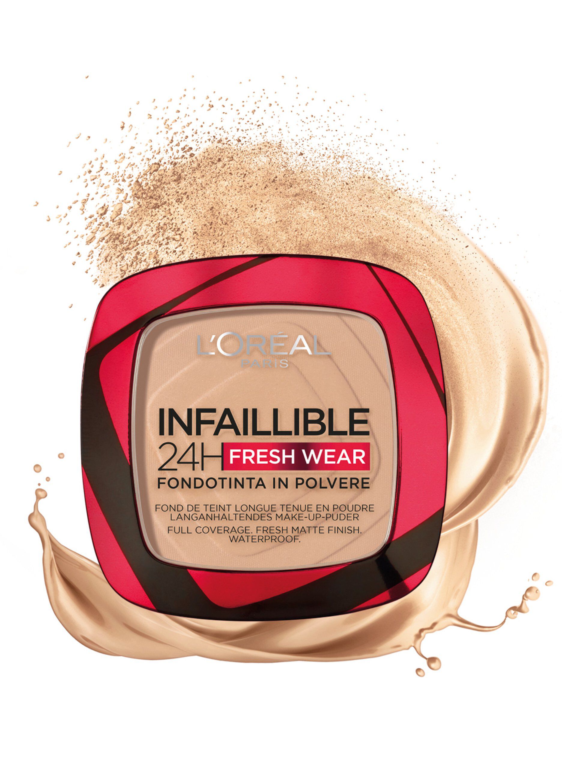 L'Oréal Paris Fondotinta compatto Infaillible 24H Fresh Wear, Formula in Polvere a Lunga Tenuta, Mask-Friendly, Low-Transfer e Waterproof, Copre come un fondotinta e opacizza come una polvere, 130 Beige Peau/True Beige.