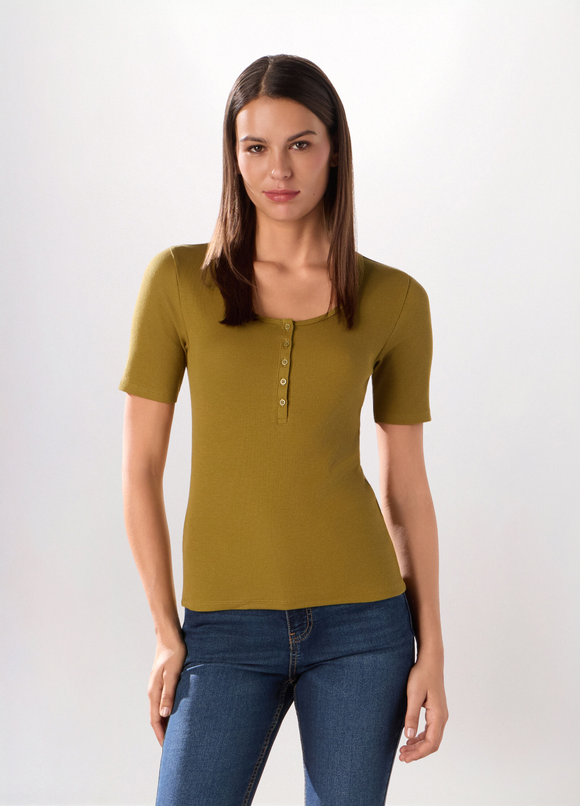 T-shirt in costina di cotone stretch donna_0