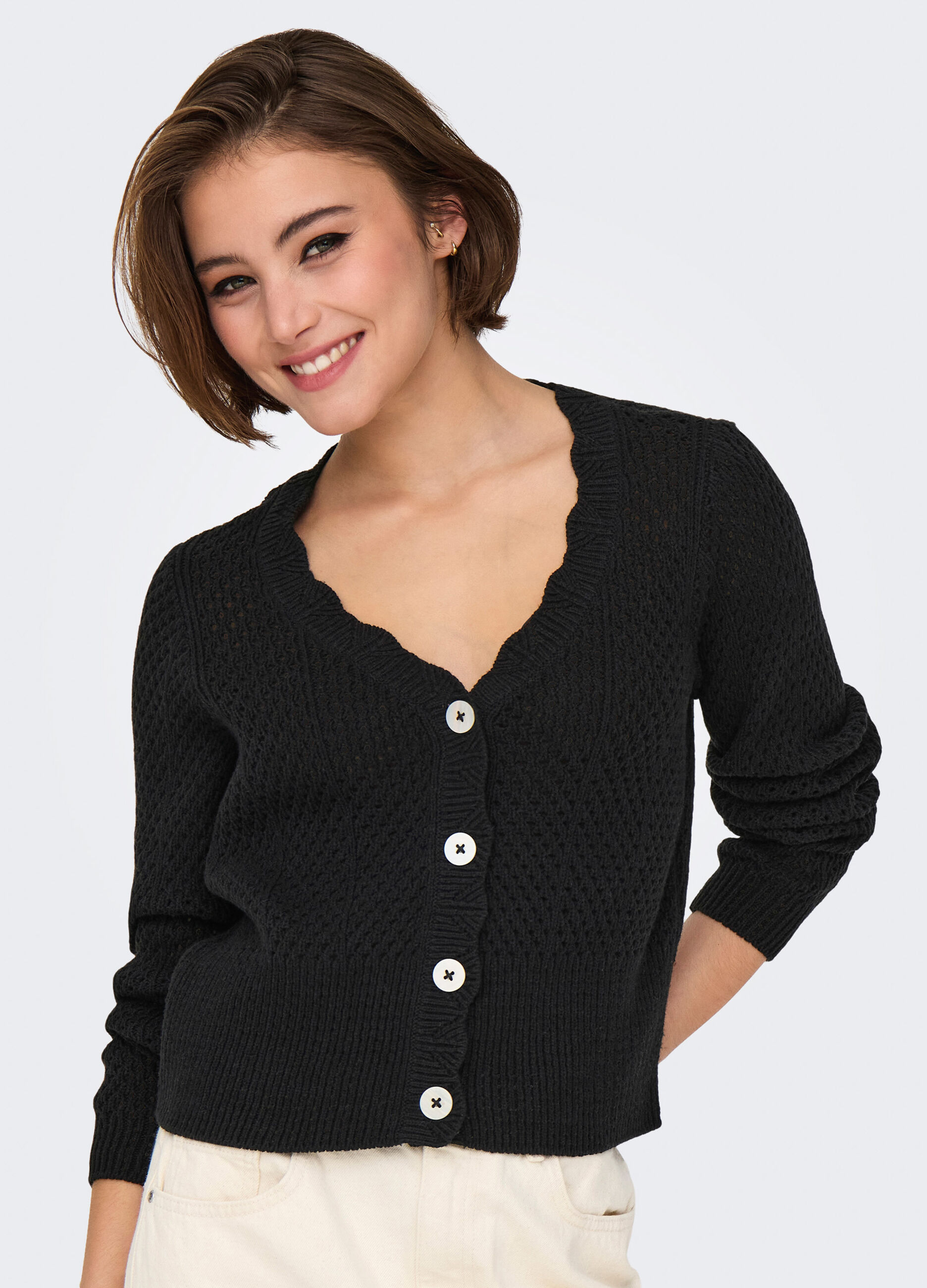 Cardigan tricot con lavorazione traforata donna_3