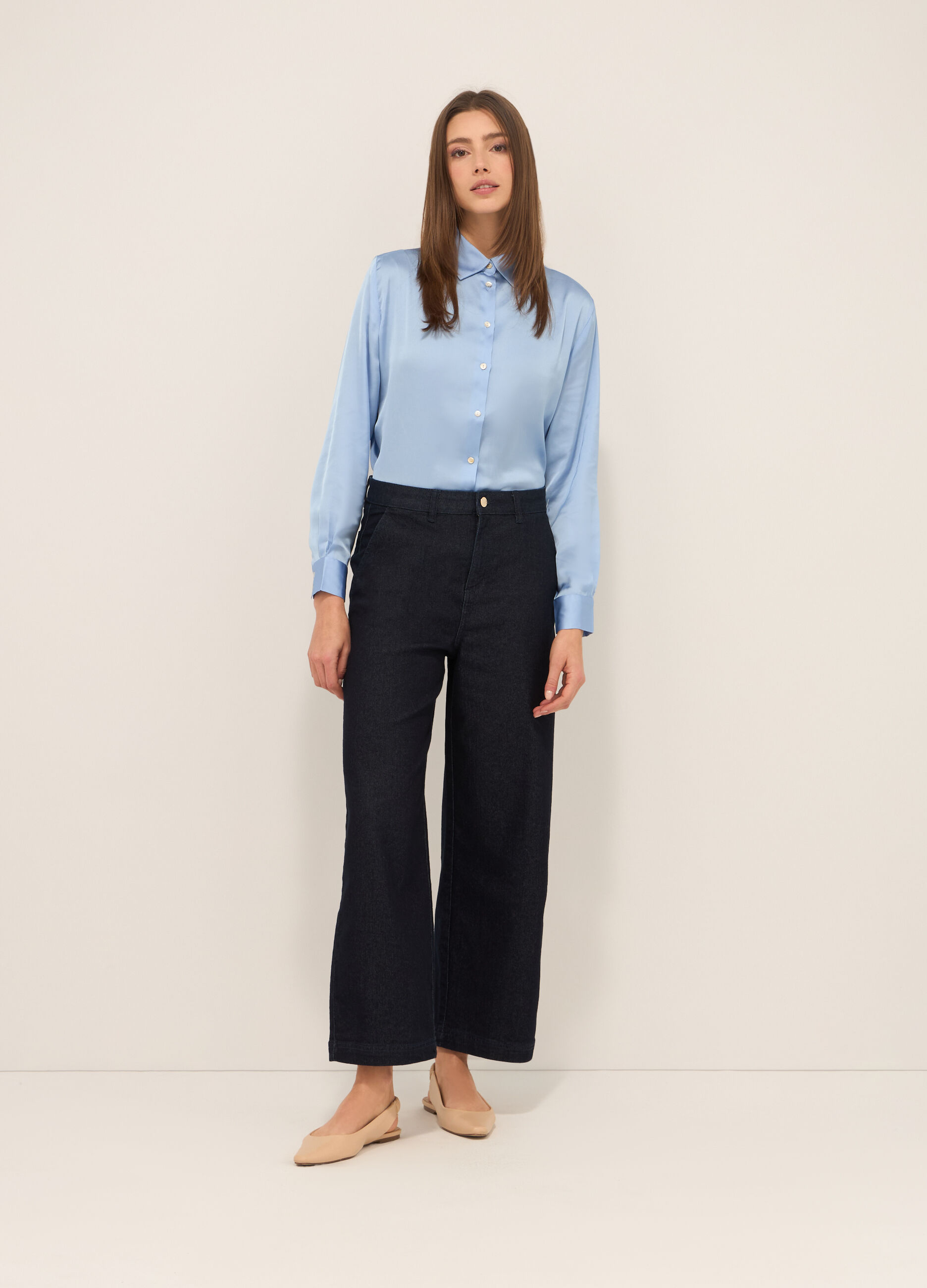 Pantaloni wide leg in denim di misto cotone donna_0