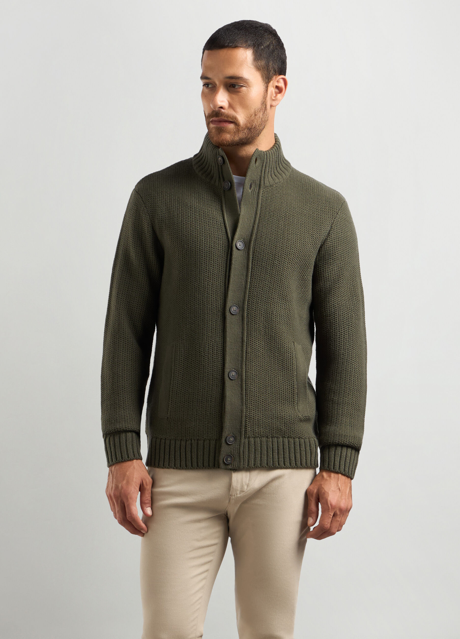 Cardigan collo alto in maglia rasata a rovescio uomo