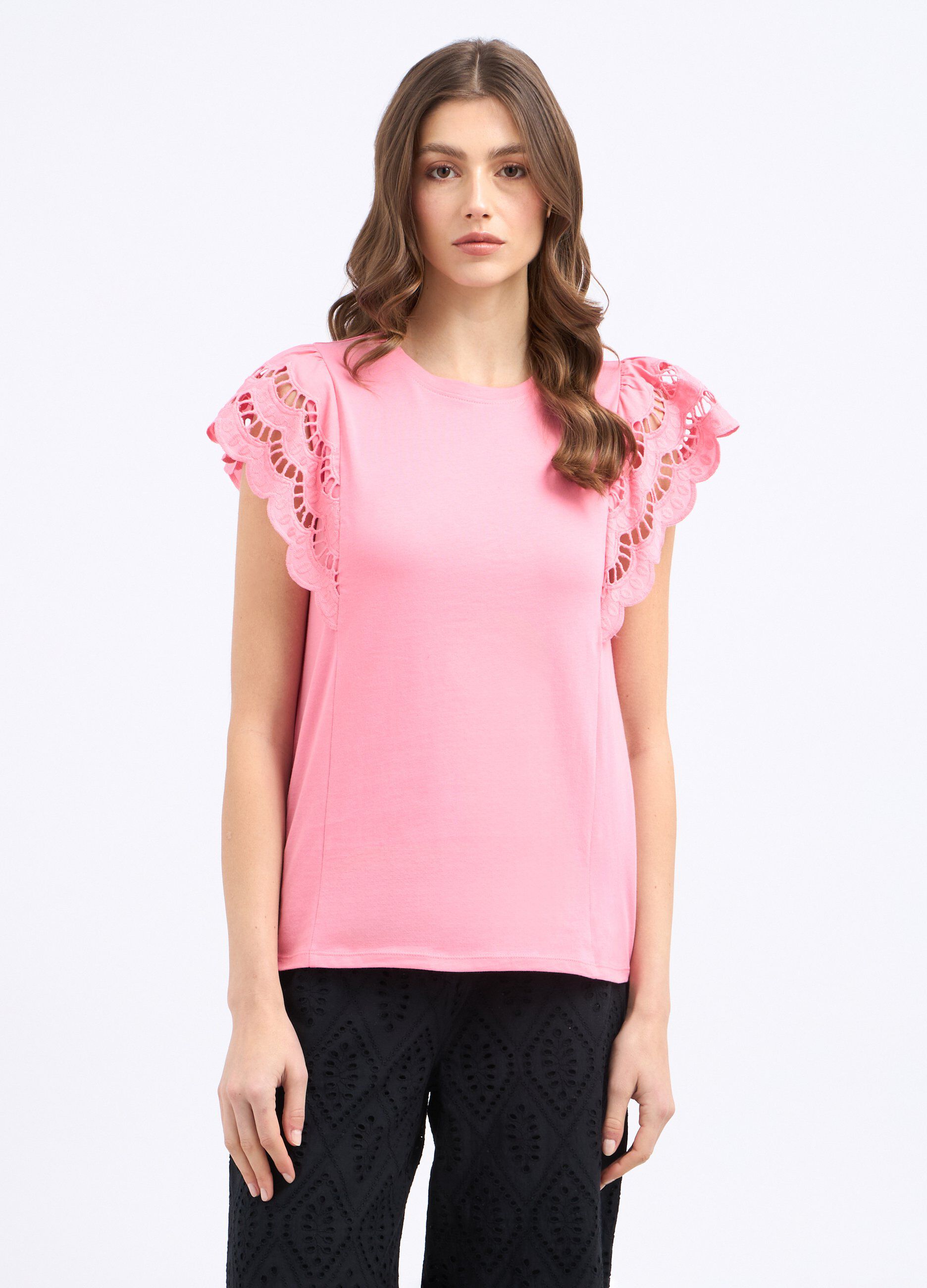 T-shirt con maniche ad aletta lavorate donna