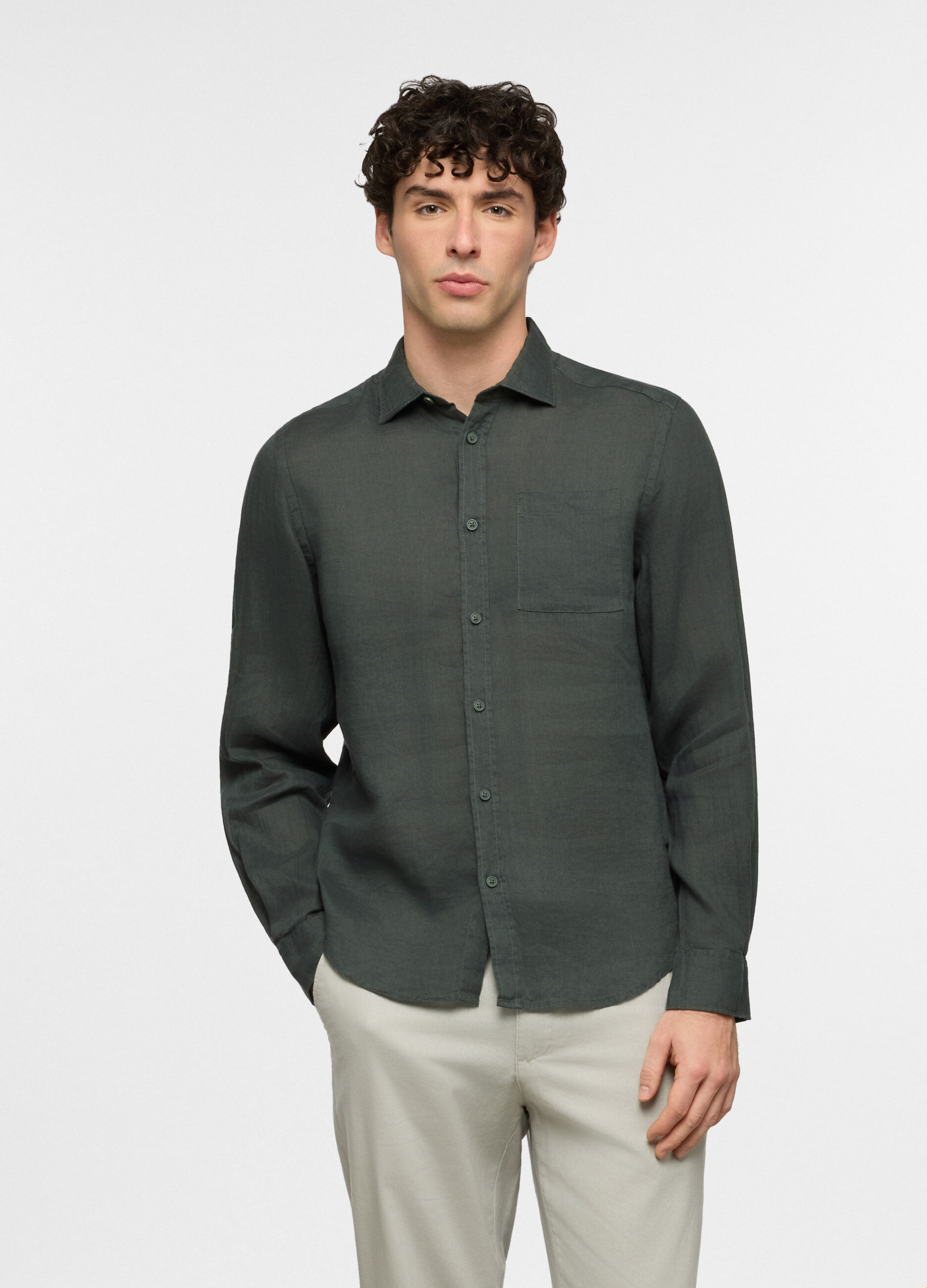 Camicia regular fit con colletto classico in lino uomo_0