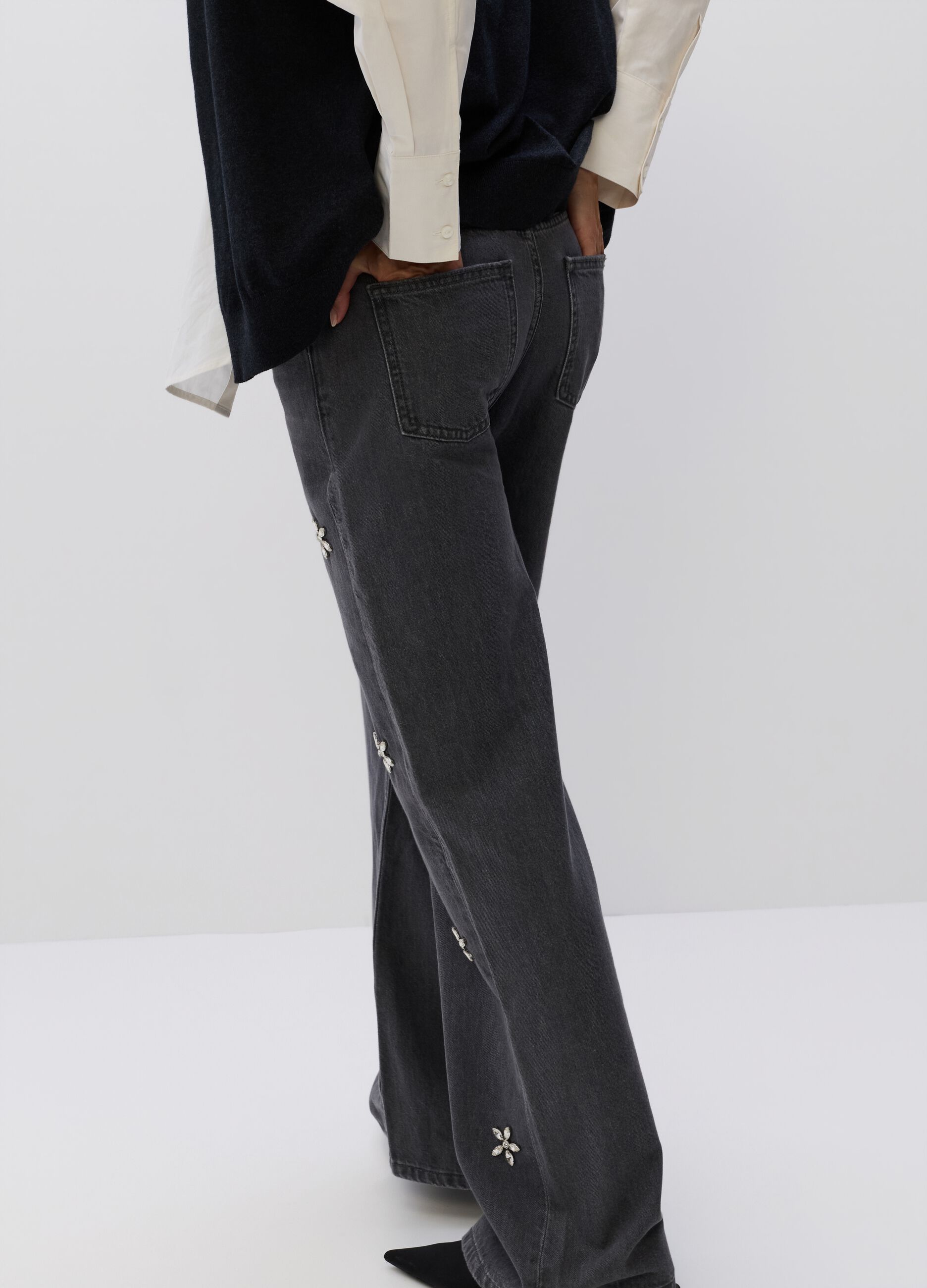 Pantaloni Wide Leg in denim di puro cotone donna_2