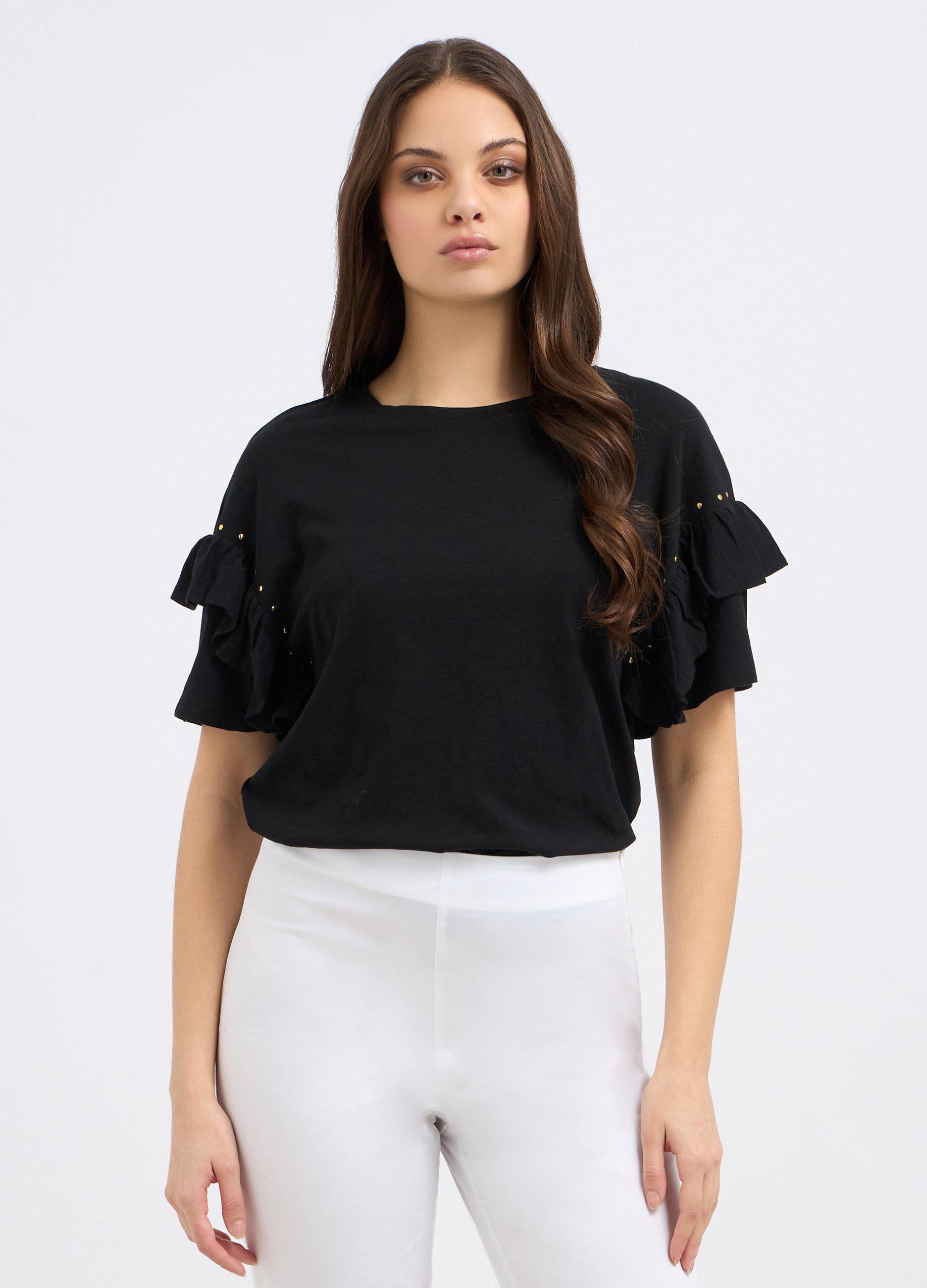 T-shirt in puro cotone con rouches e strass donna_0