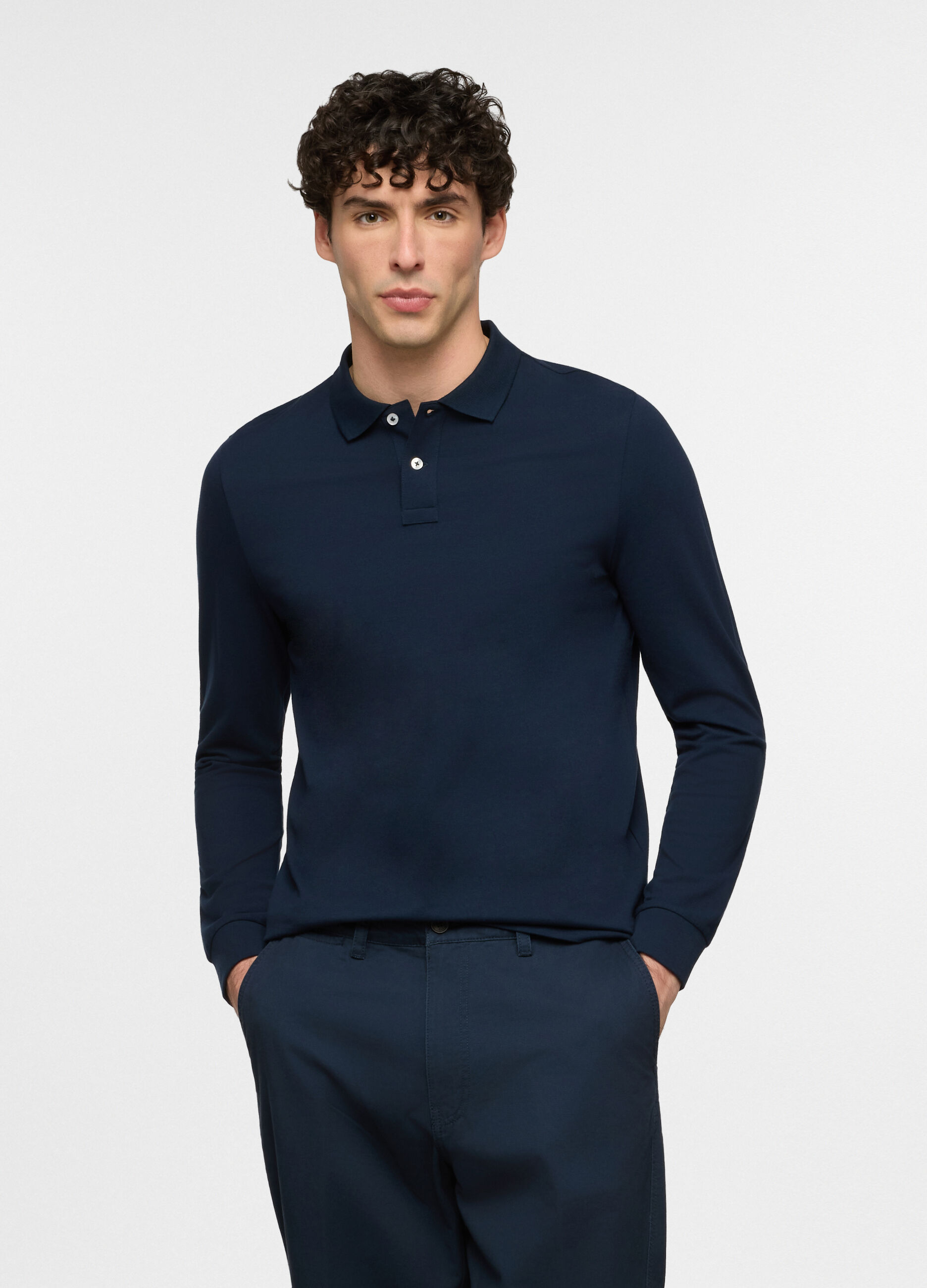 Polo a maniche lunghe in piquet tinta unita uomo_0