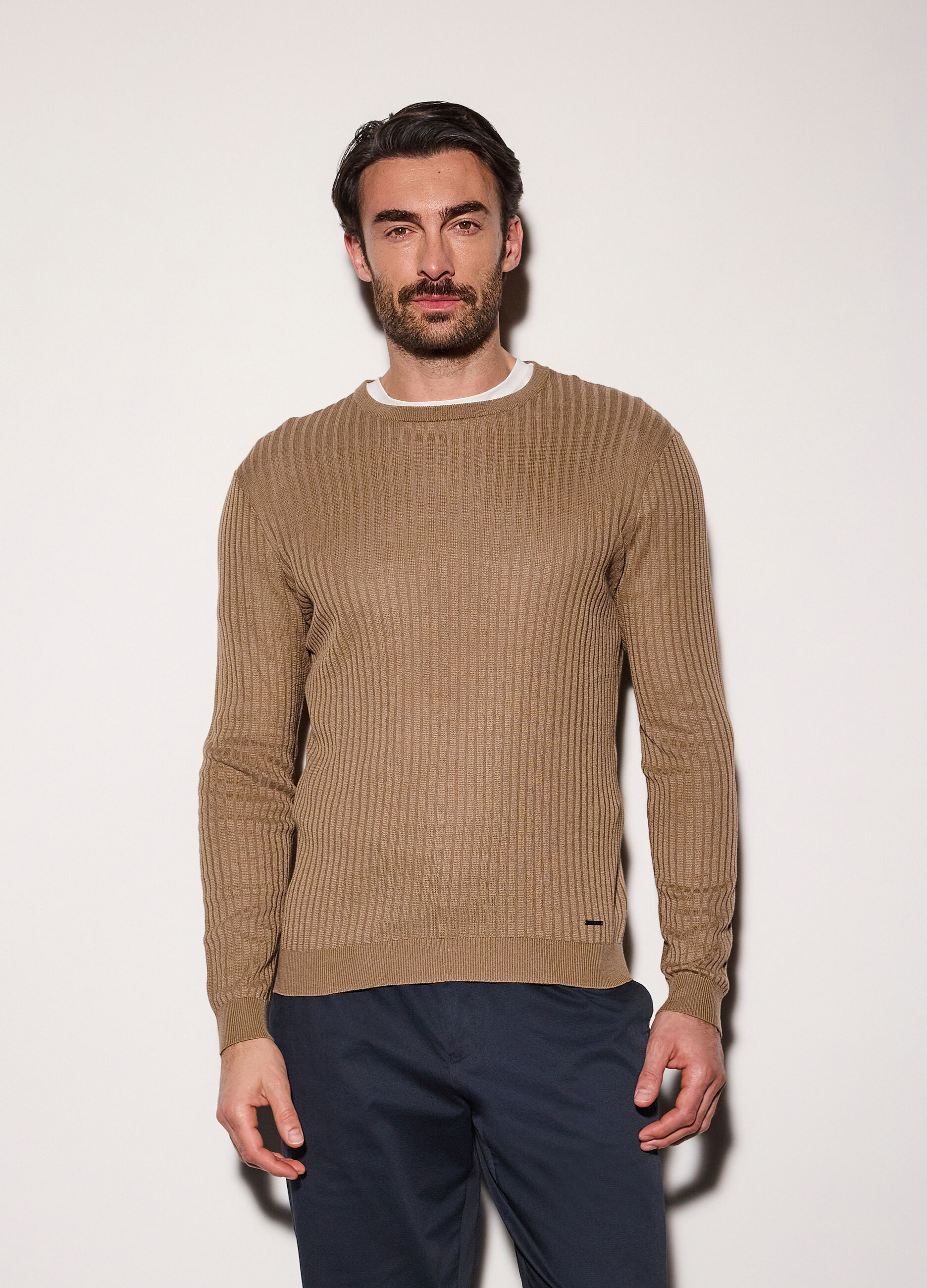 Maglione a costa piatta in cotone e modal uomo_0