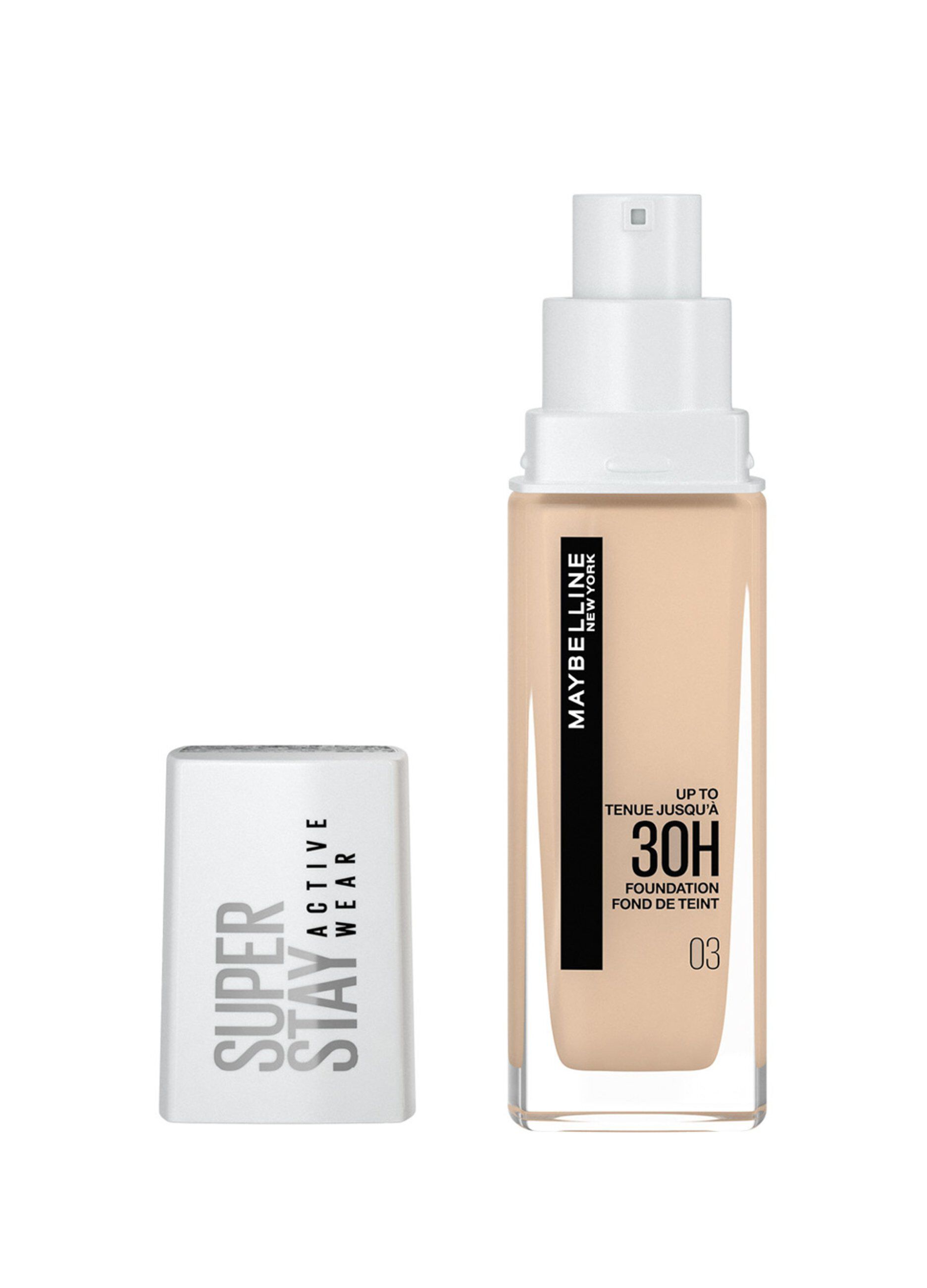 Maybelline New York Fondotinta Liquido SuperStay 30H Active Wear, Alta coprenza e lunghissima tenuta senza effetto maschera, True Ivory (03), 30 ml.