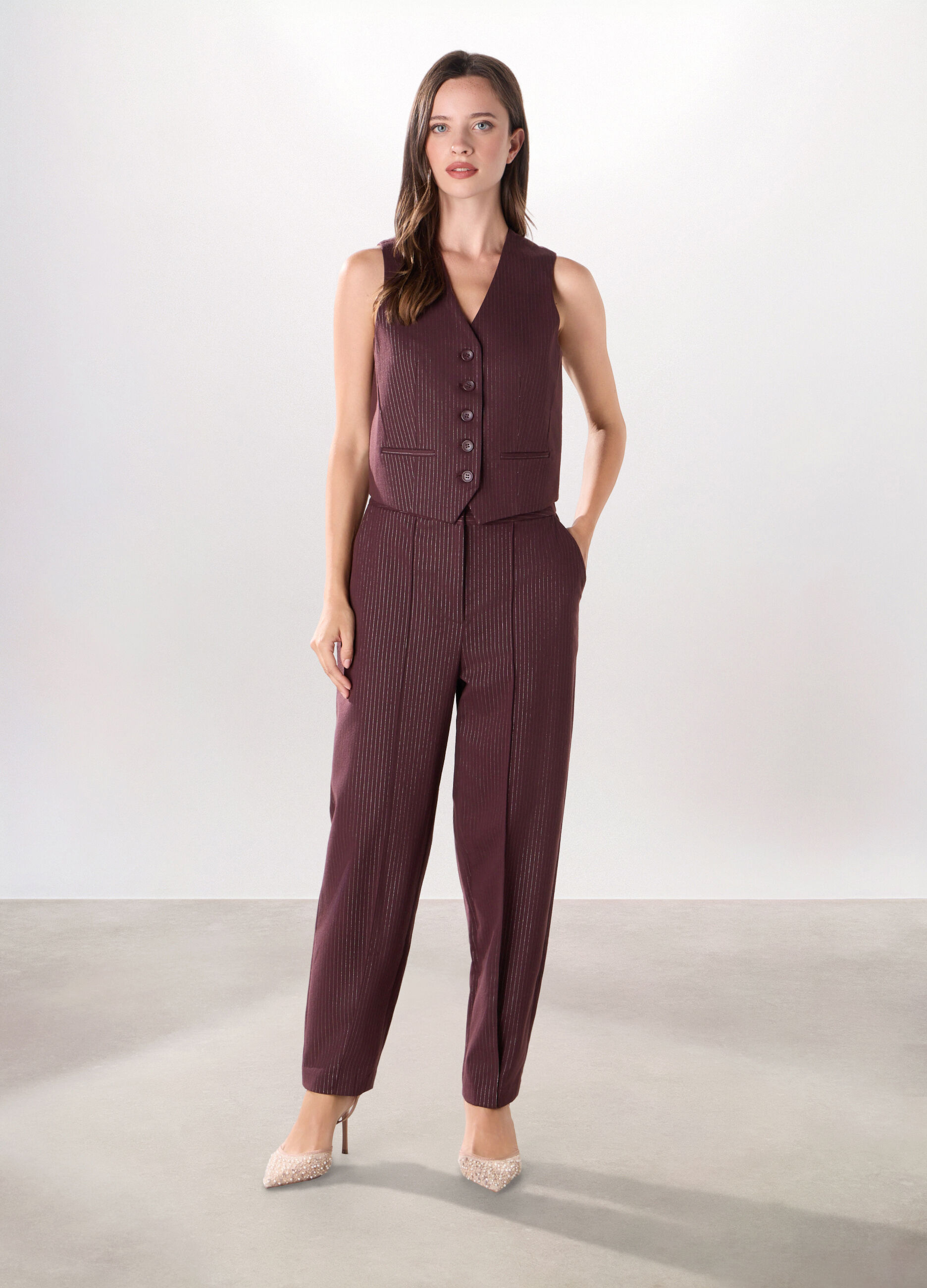 Pantaloni gessati in poli viscosa donna _0