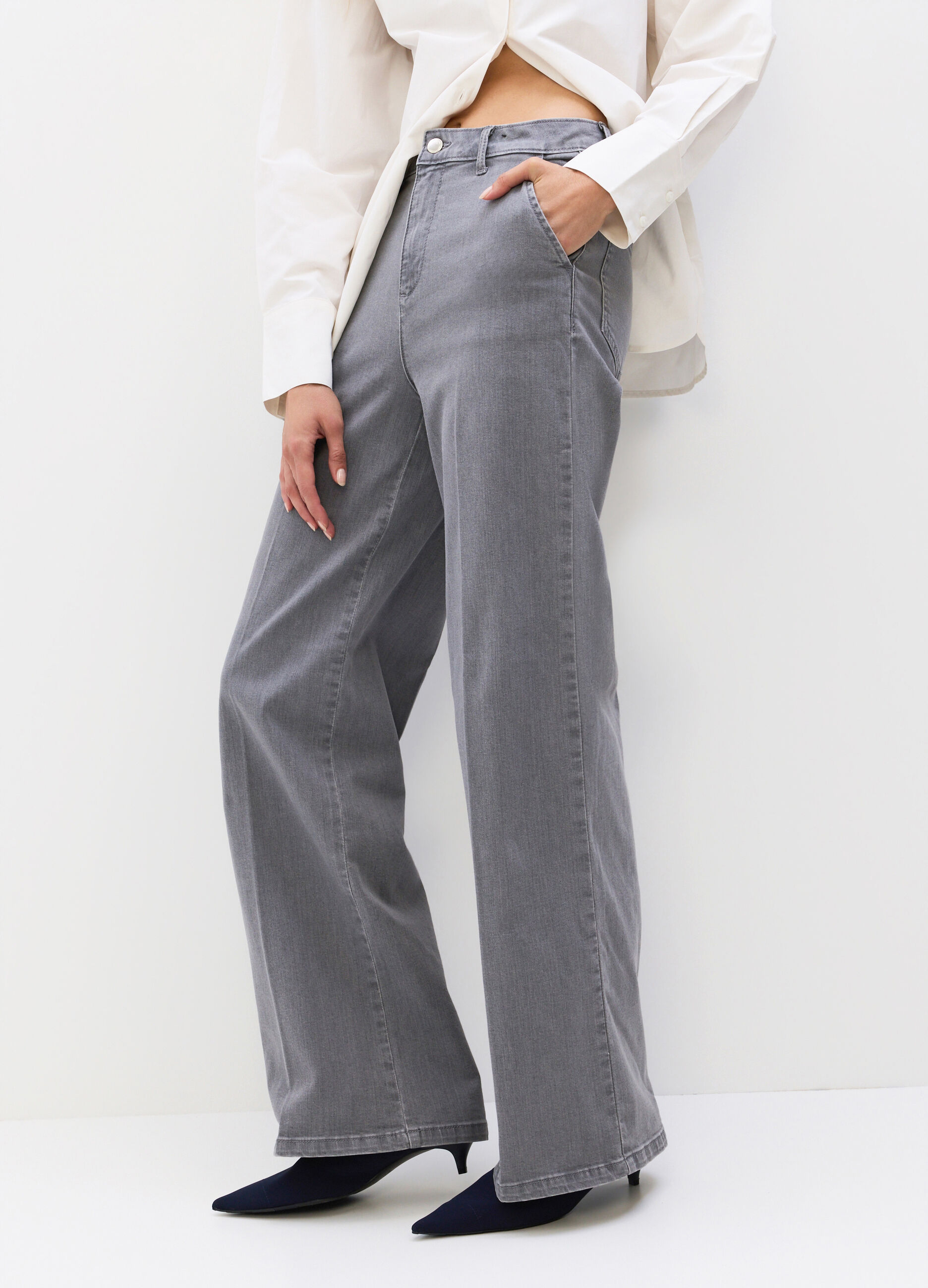 Pantaloni Wide Leg in denim di cotone stretch donna_3