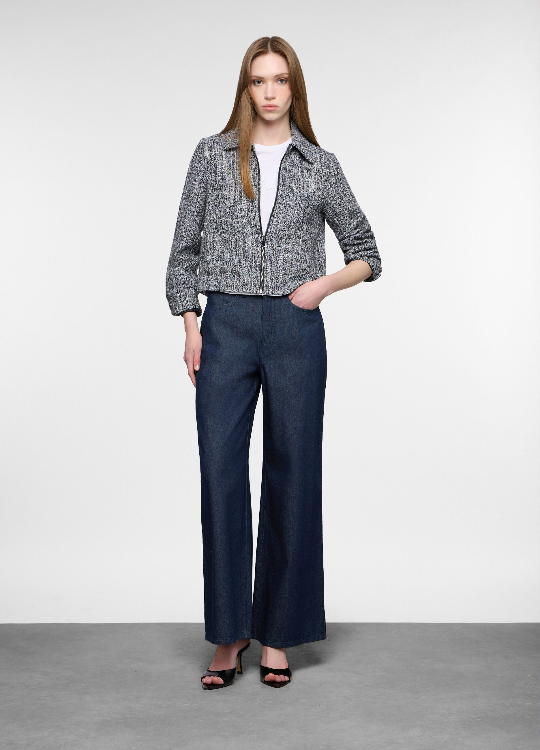 Pantaloni wide leg in denim di puro cotone donna_0