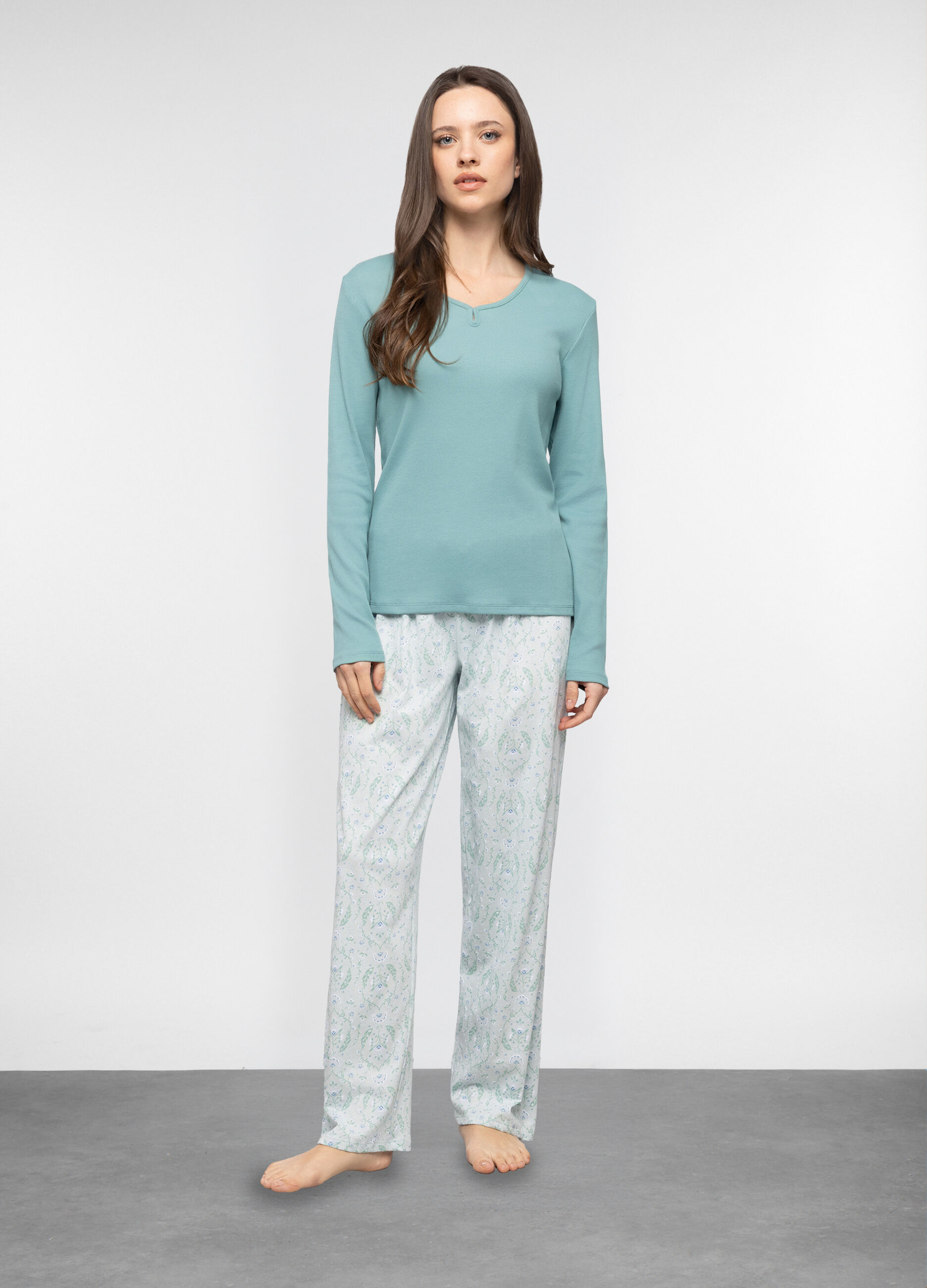 Set pigiama lungo in costina di cotone stretch donna_0