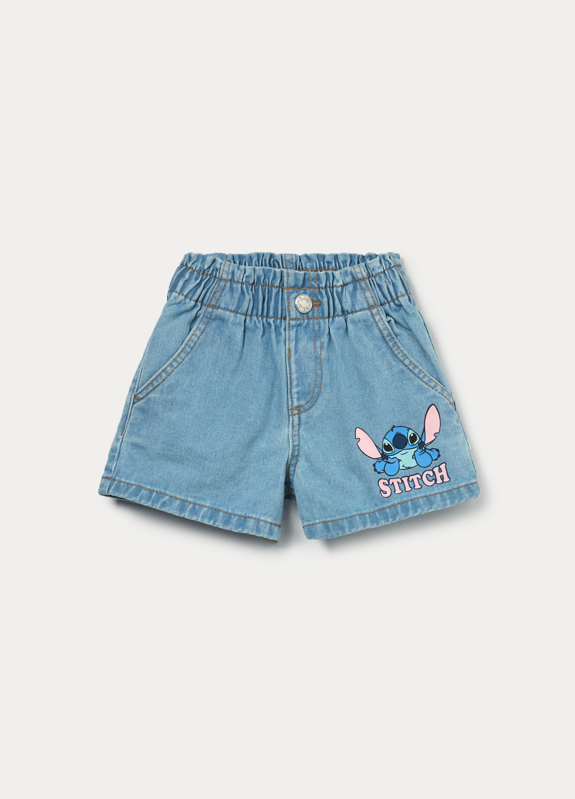 Shorts Stitch in denim di puro cotone bambina_0