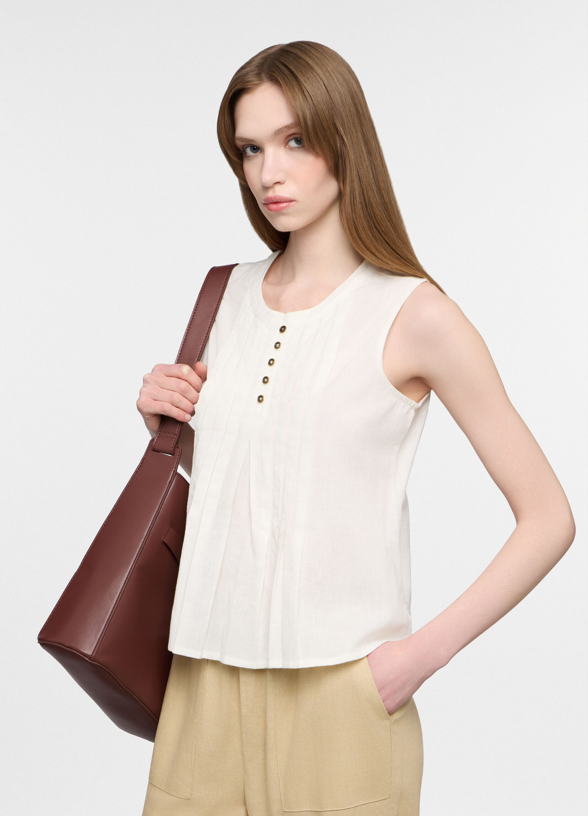 Blusa fit regular con scollo rotondo voile misto lino donna_0