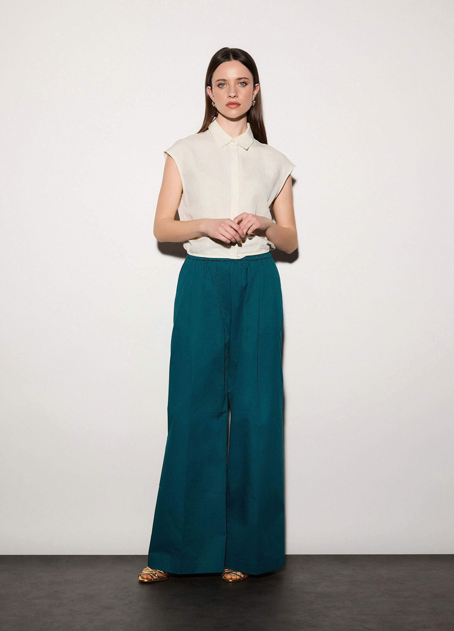 Pantaloni palazzo regular fit in puro cotone donna_0