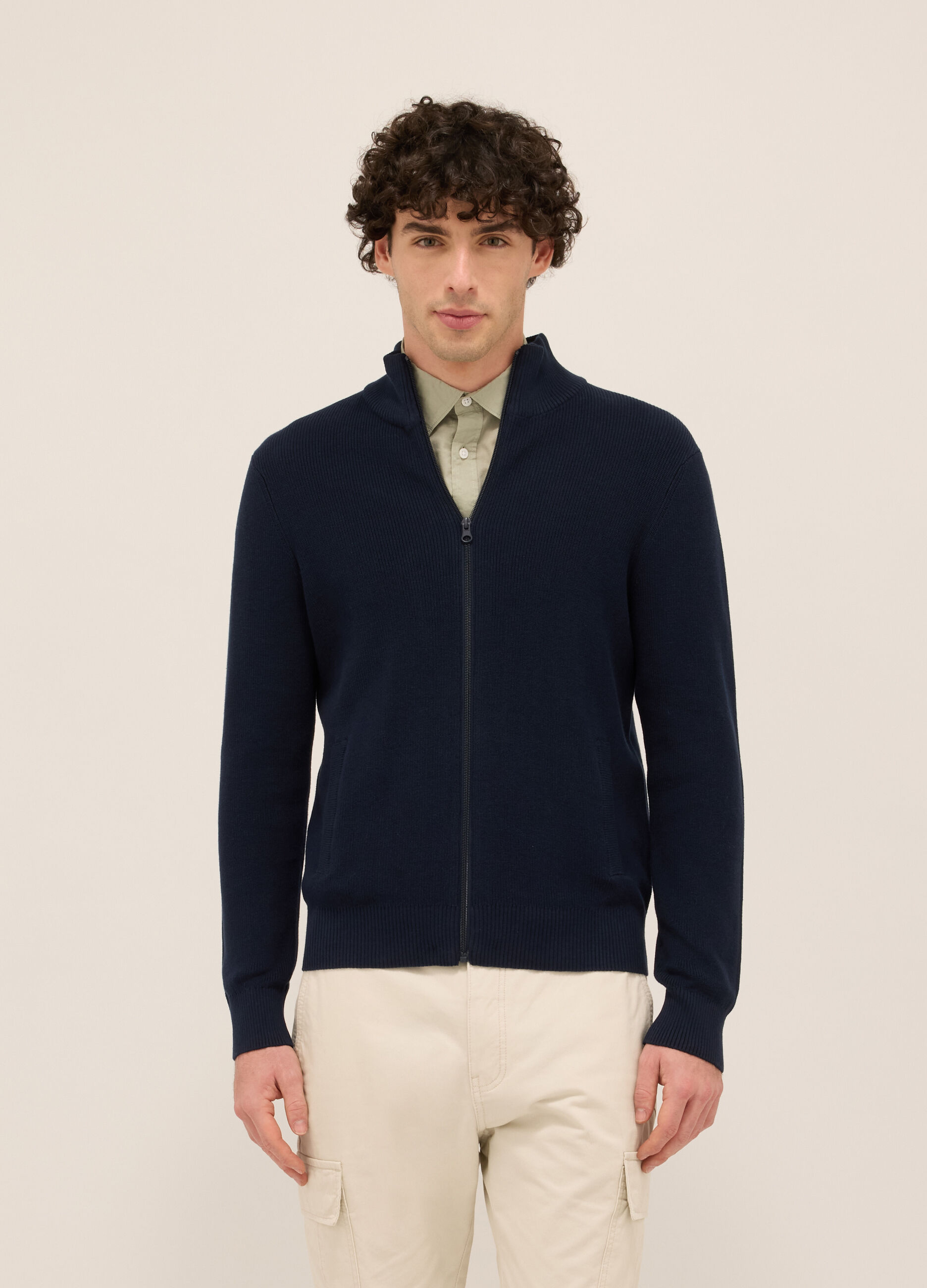 Cardigan lupetto con zip in puro cotone uomo_0