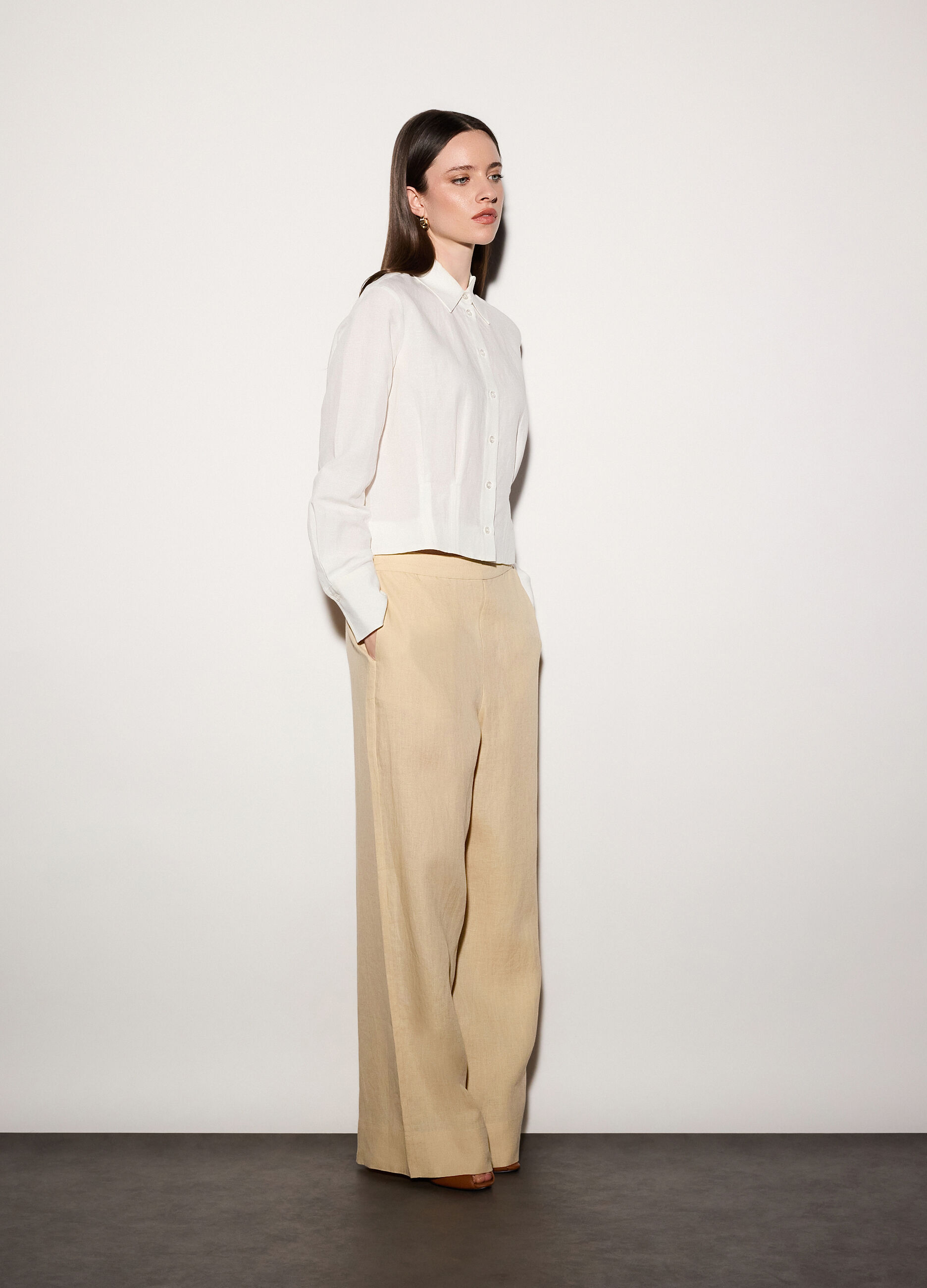 Pantaloni wide leg in puro lino donna_0