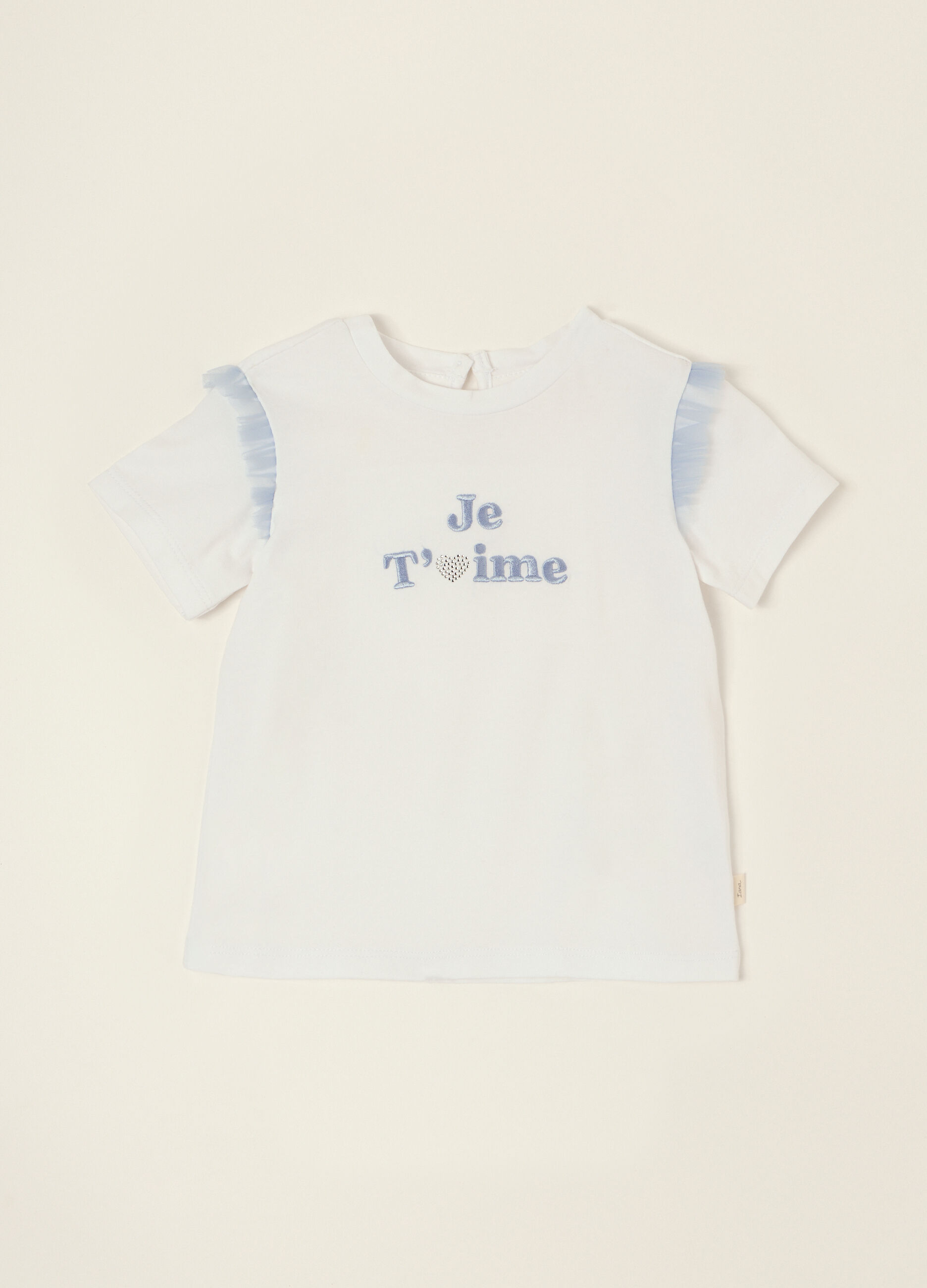 T-shirt bianca in cotone elasticizzato con volant_0