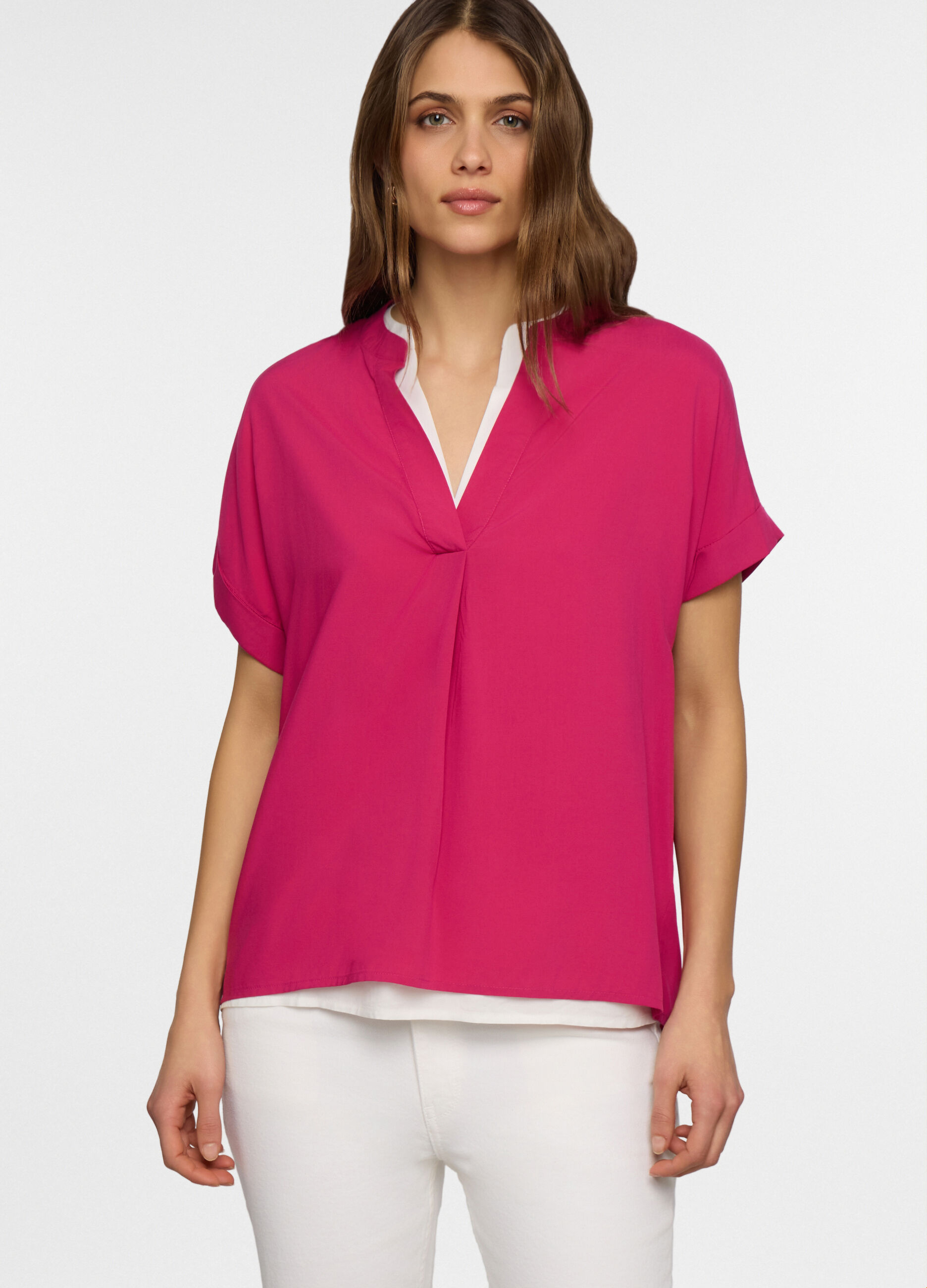 Blusa regular fit con scollo a V in pura viscosa donna_0