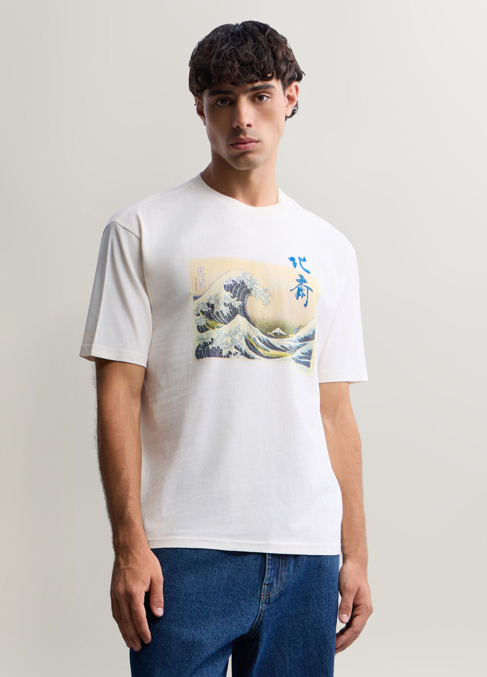 T-shirt girocollo in cotone con stampa Hokusai uomo_0