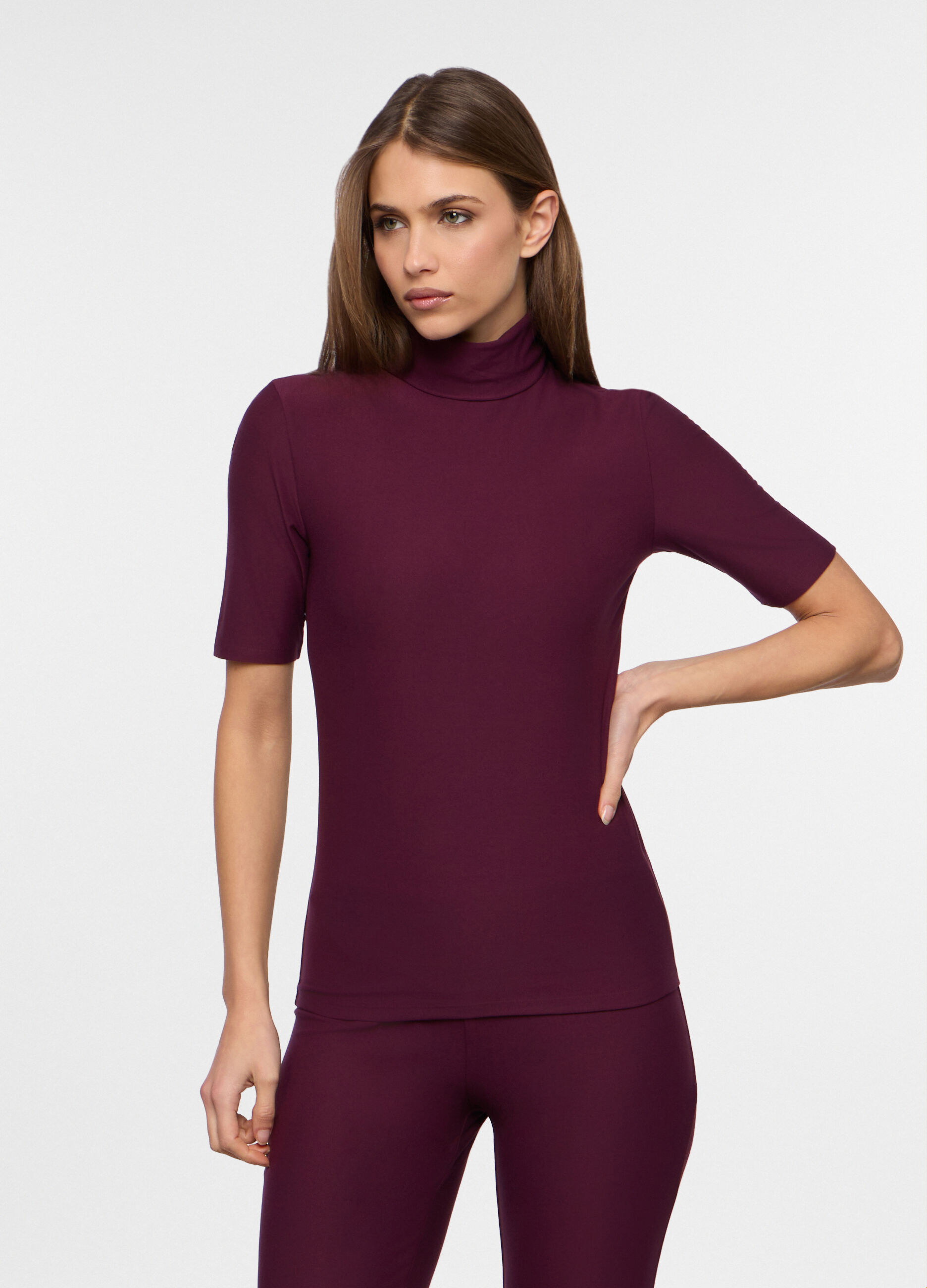 T-shirt a collo alto stretch donna_0