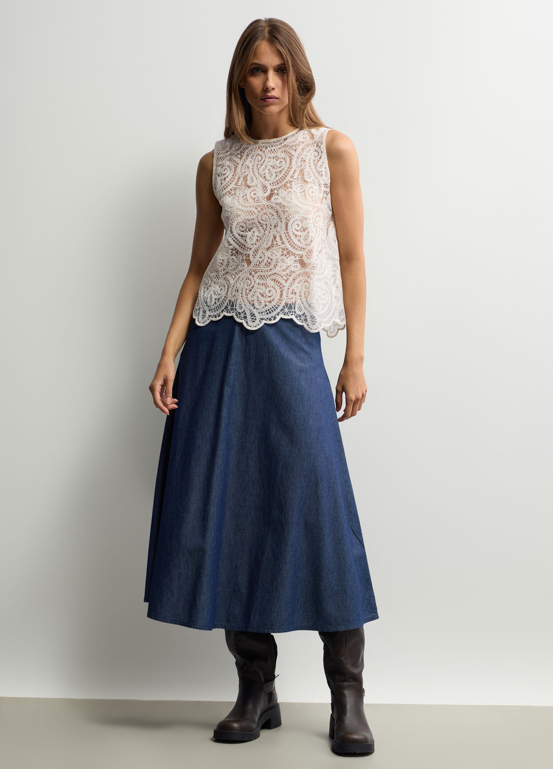 Gonna lunga in chambray di puro cotone donna_0