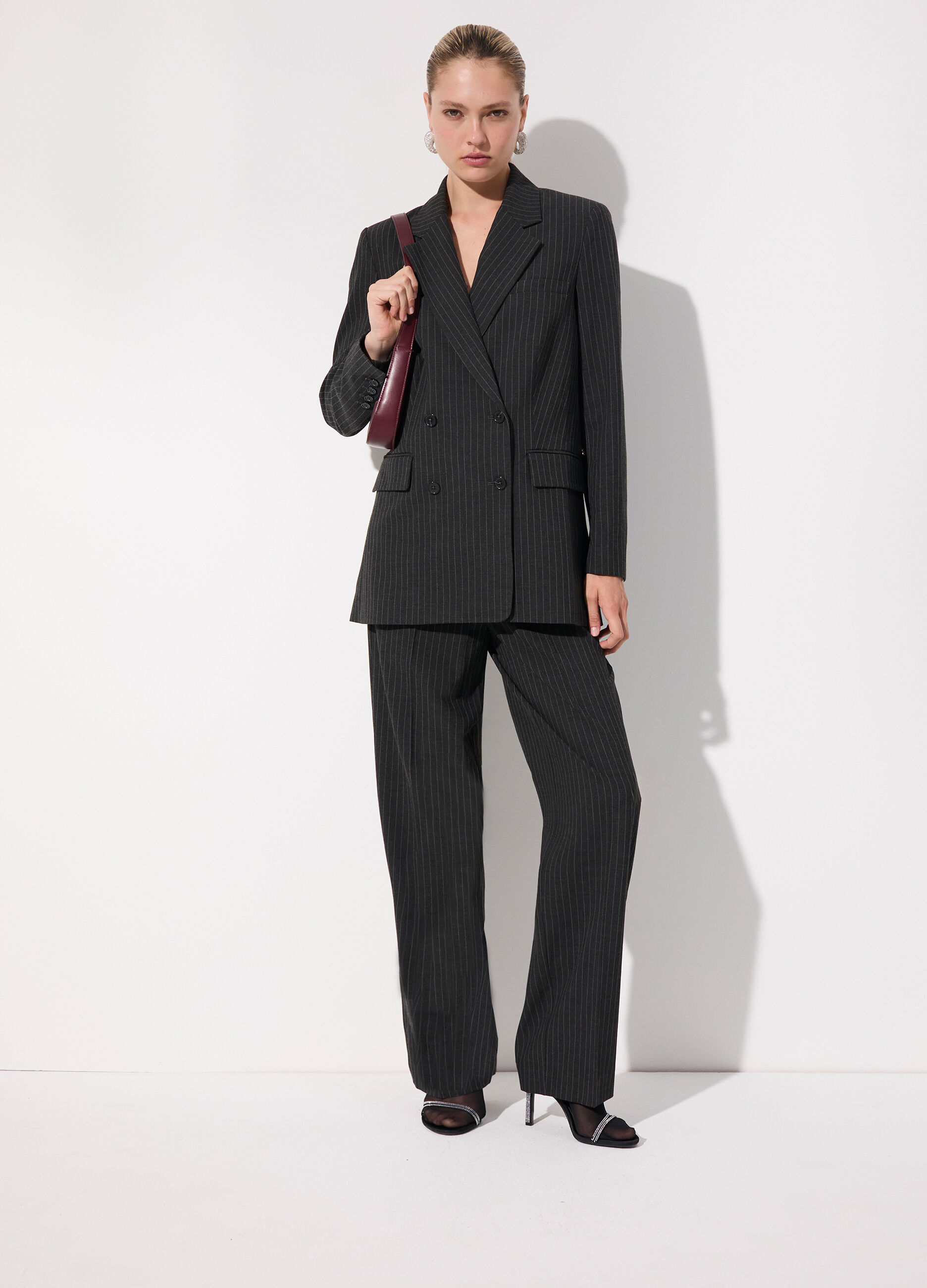 Pantaloni dritti in gessato di misto viscosa stretch donna_0