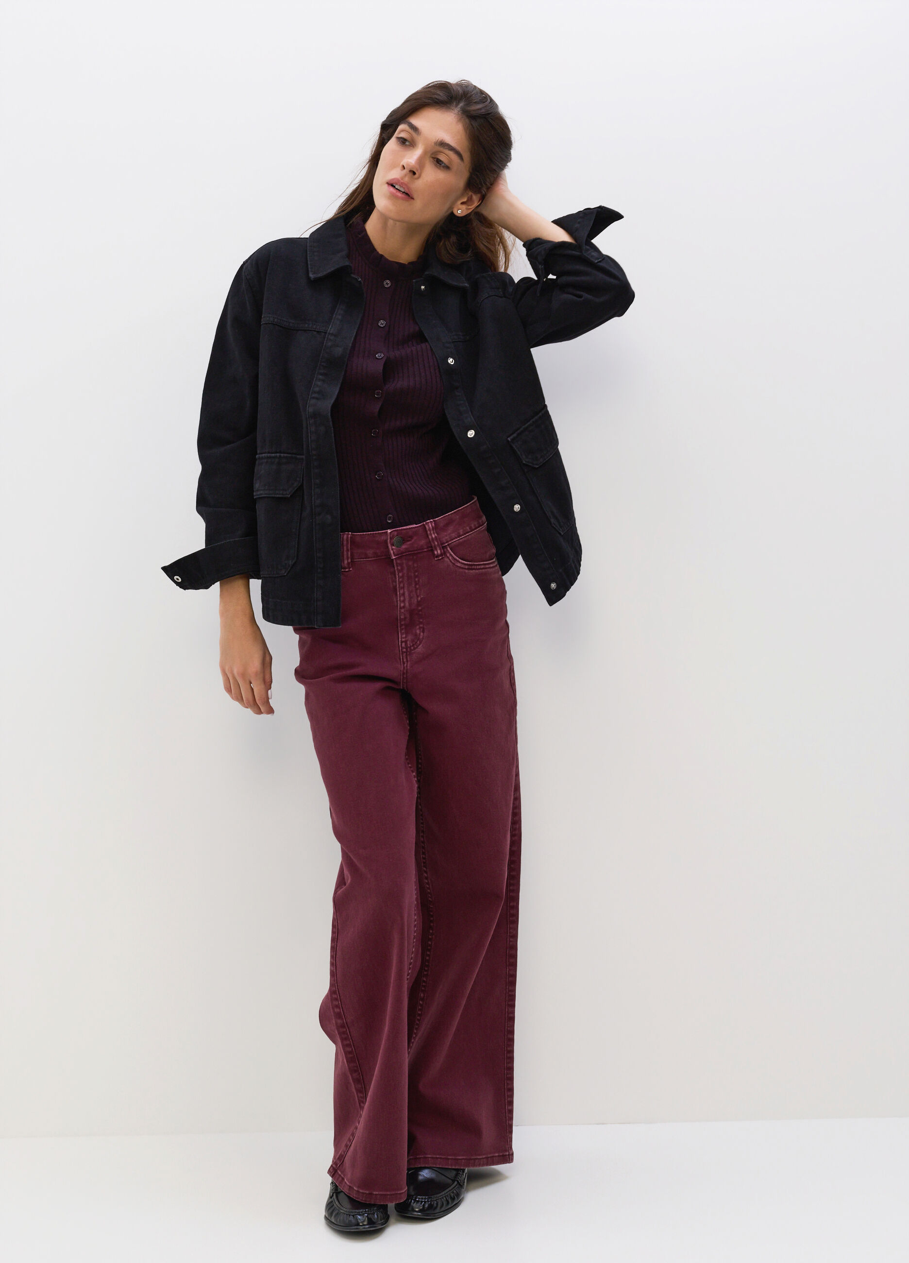 Pantaloni Wide Leg in denim di cotone stretch donna_3