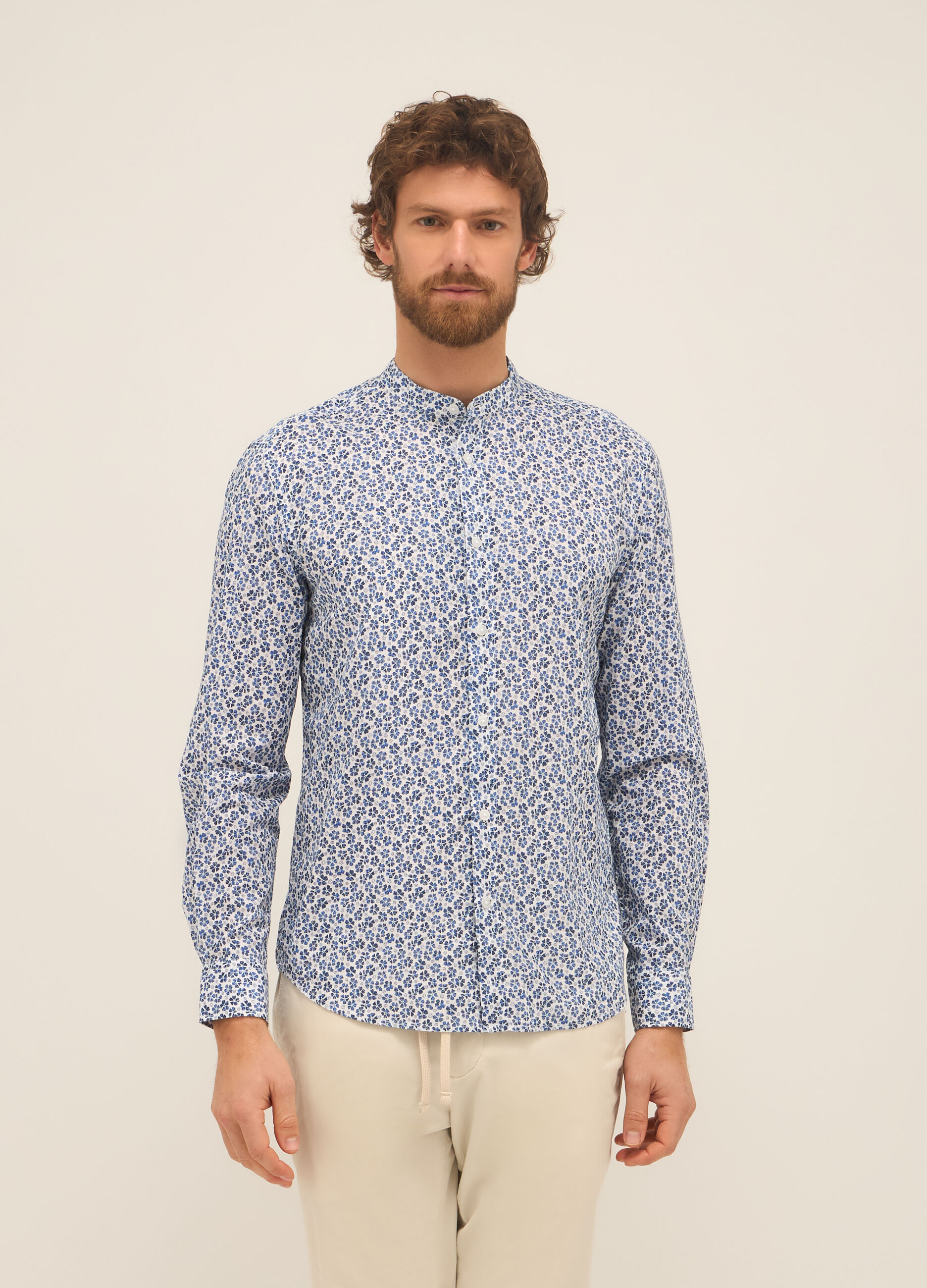 Camicia con collo alla coreana in cotone a fiore