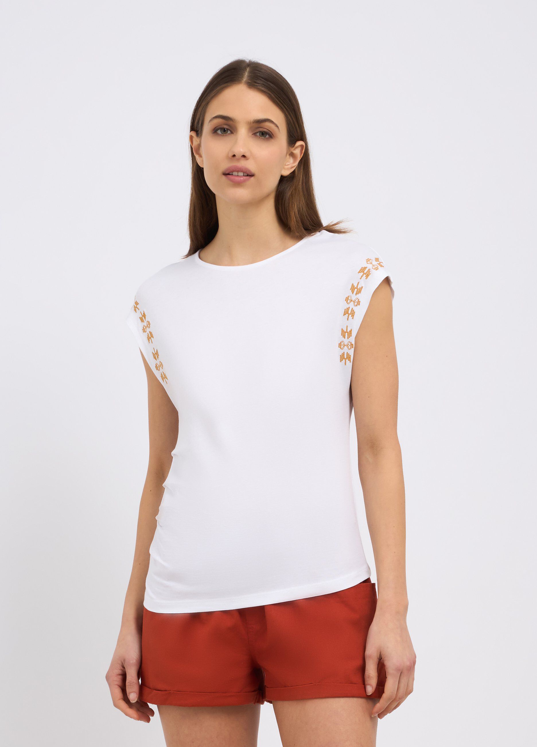 T-shirt smanicata in puro cotone donna_0