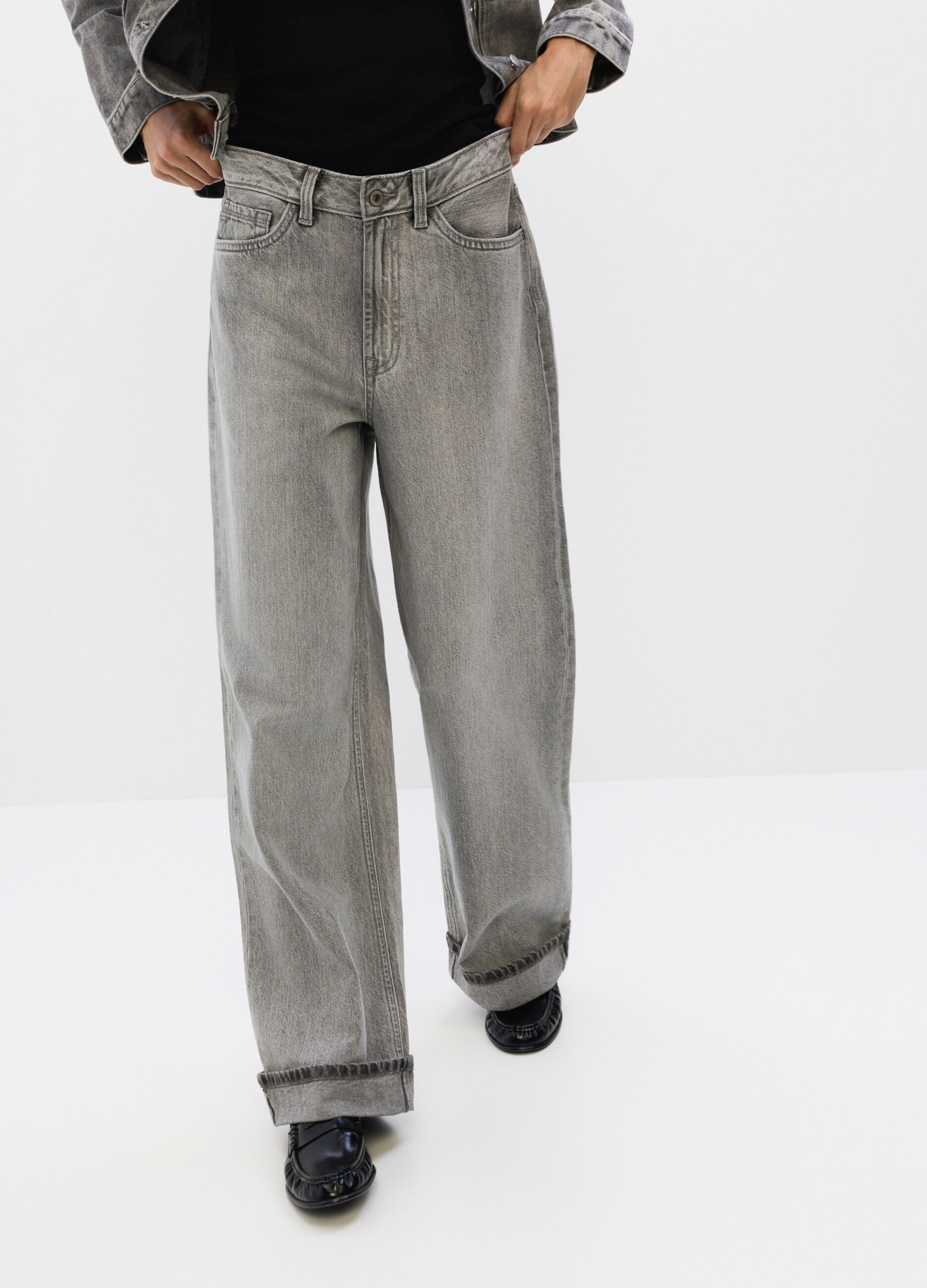 Pantaloni Wide Leg in denim di puro cotone donna_1