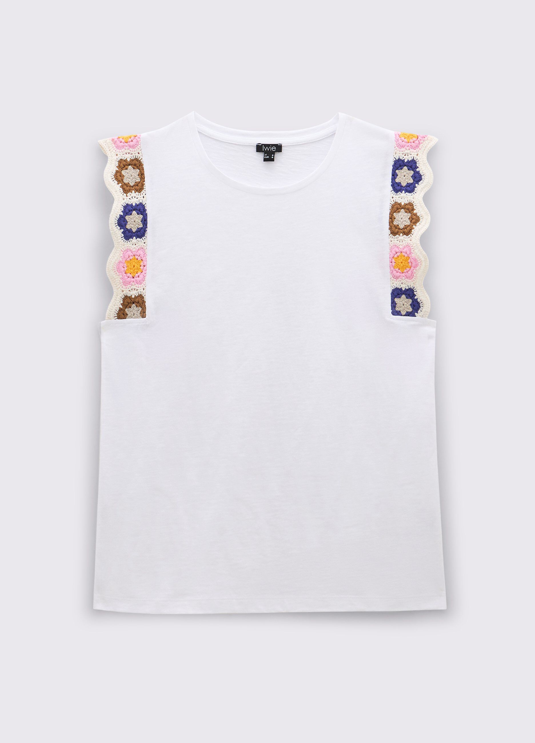 T-shirt smanicata con inserti crochet donna_0