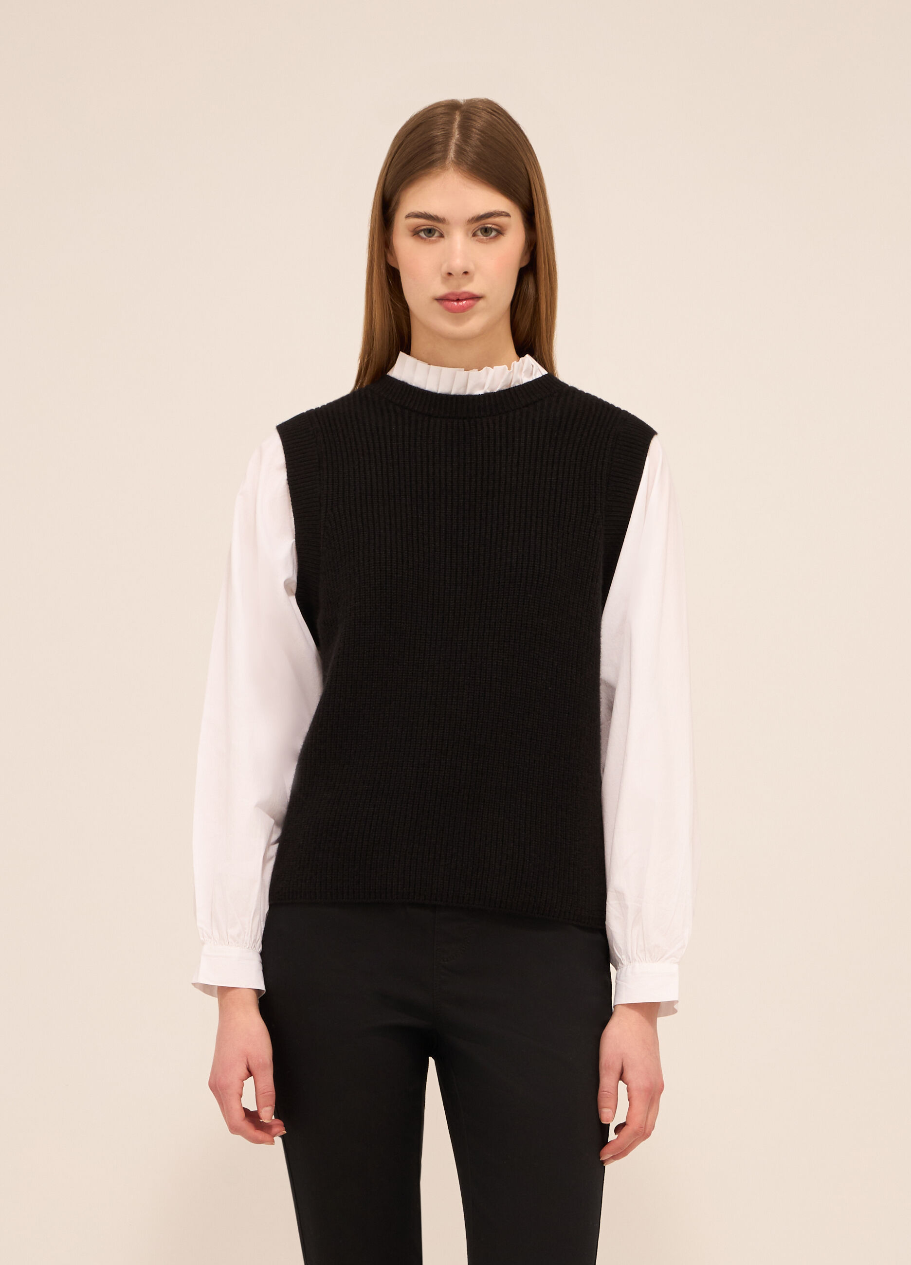 Tricot smanicato misto viscosa con inserto camicia donna_0