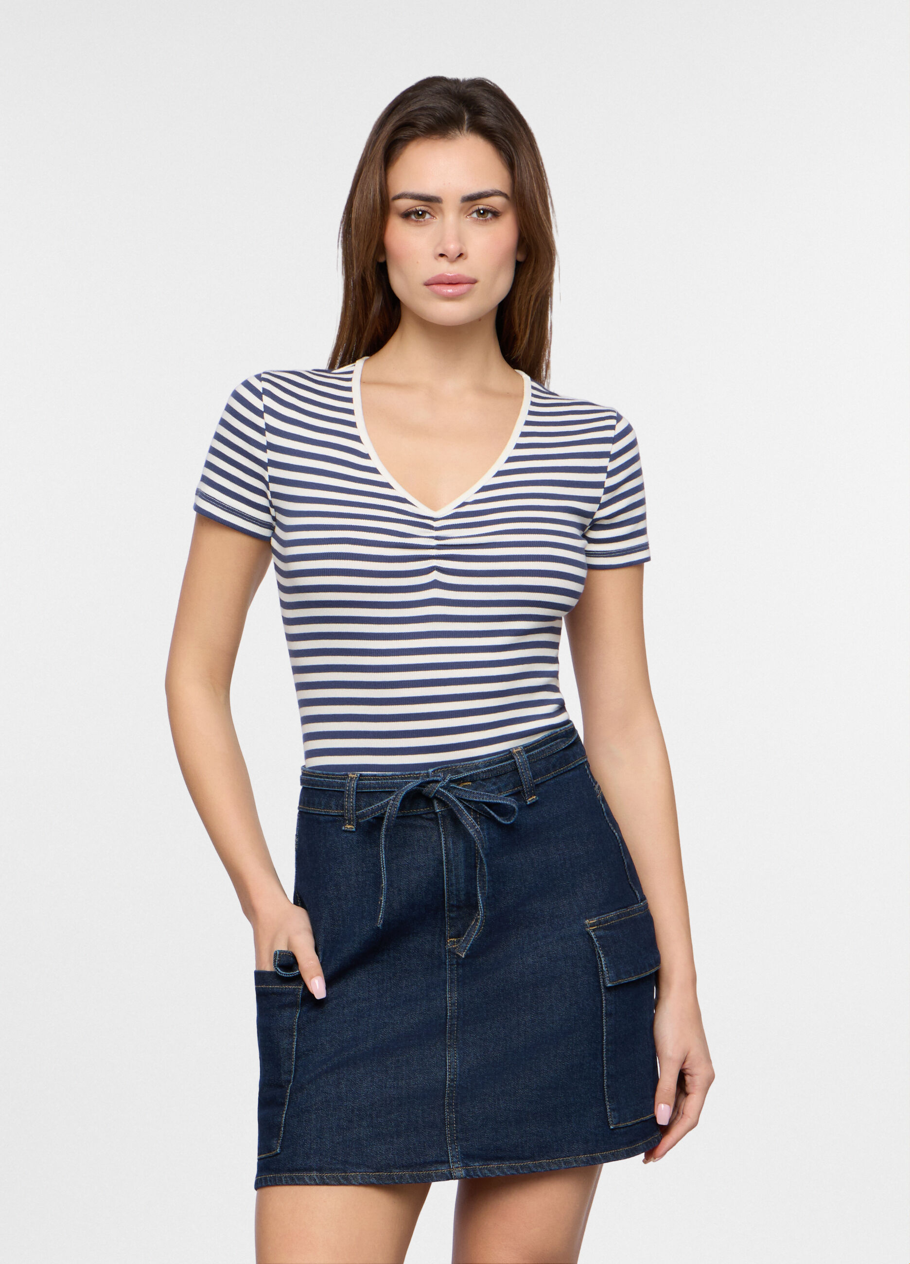 T-shirt in costina di cotone stretch donna_0