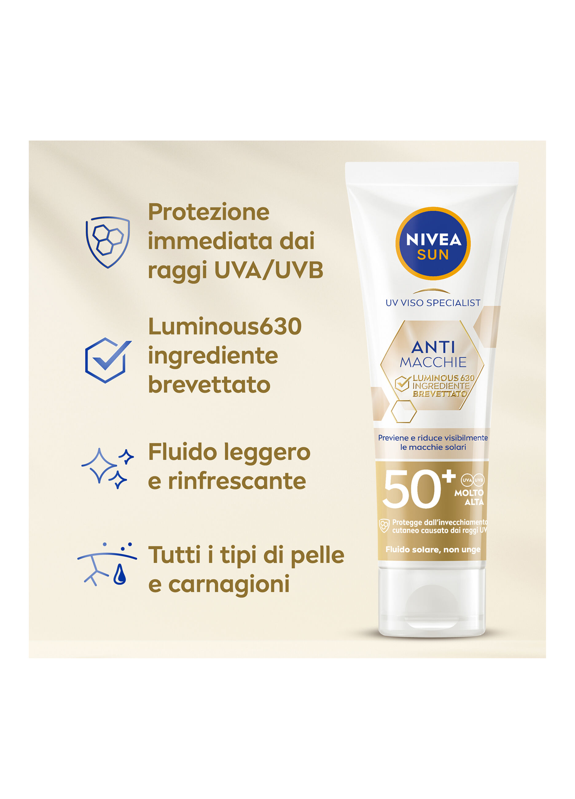 Nivea Sun Crema Viso Solare Anti-Macchie Luminous630 FP50+ 40 ml, Crema solare viso 50+ anti-macchie