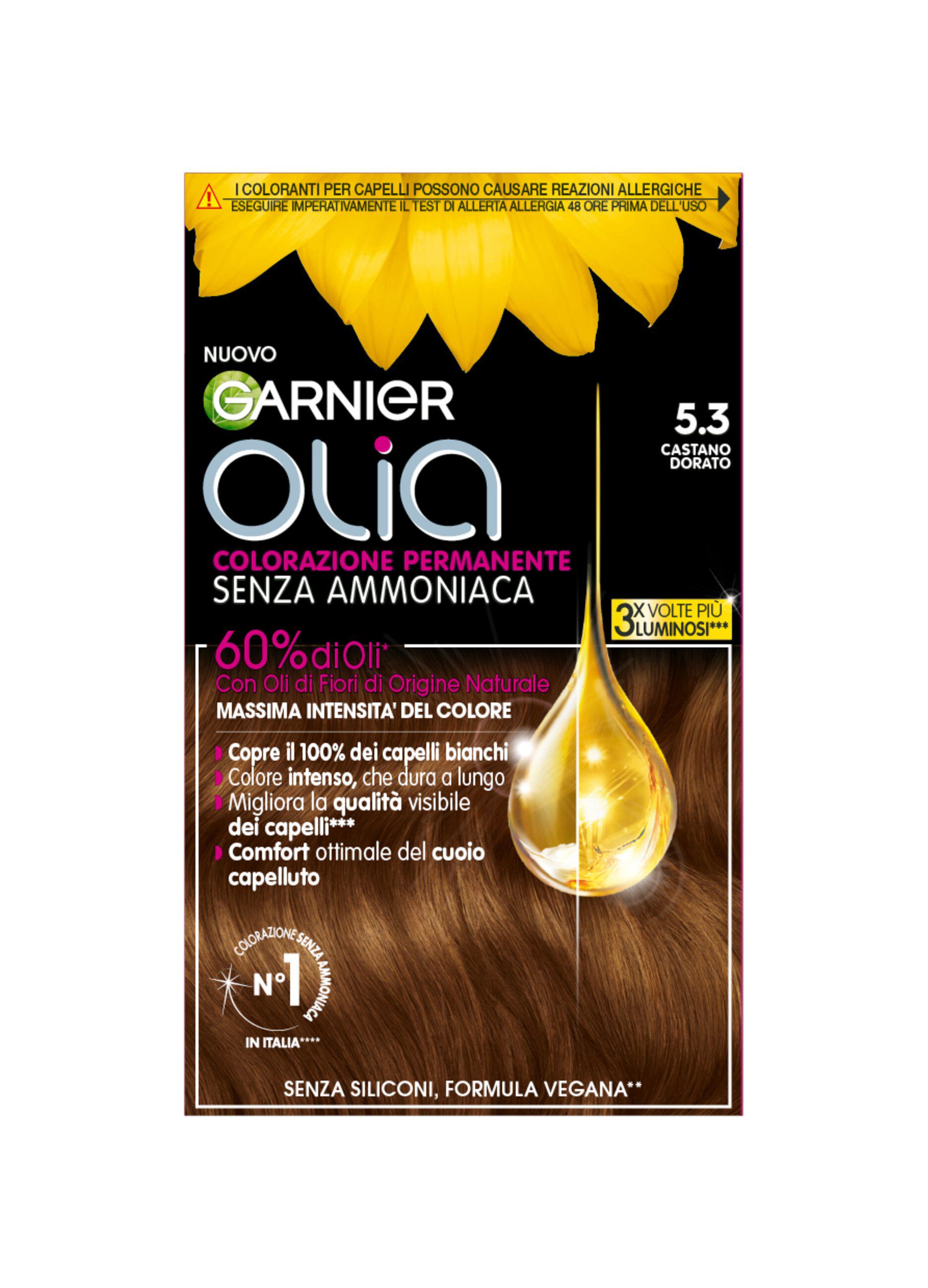 Garnier Tinta Capelli Olia, Colorazione permanente senza ammoniaca per una fragranza delicata, copre il 100% dei capelli bianchi, Con oli di fiori di origine naturale, Castano Dorato (5.3).