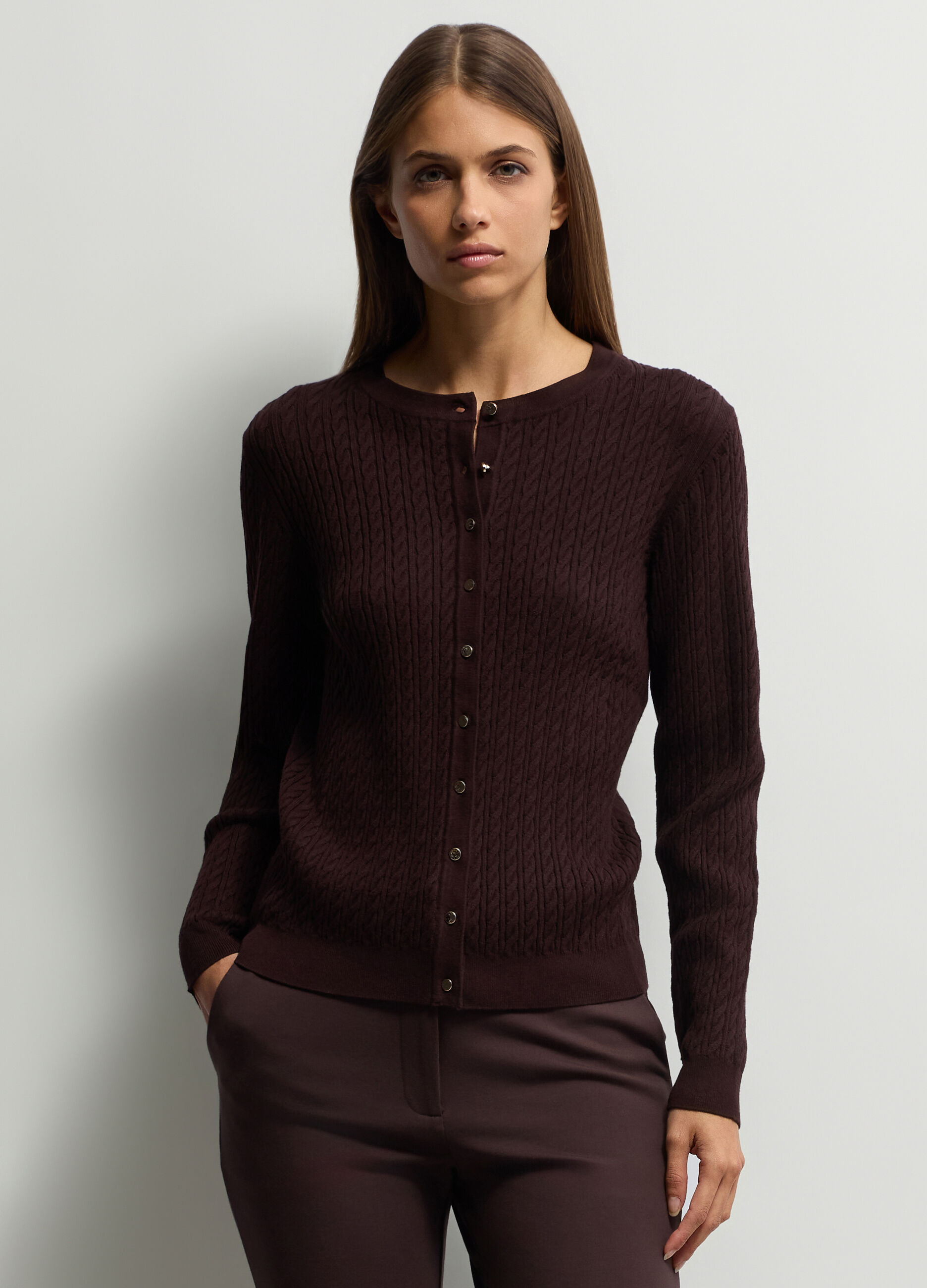 Cardigan girocollo a trecce donna_0