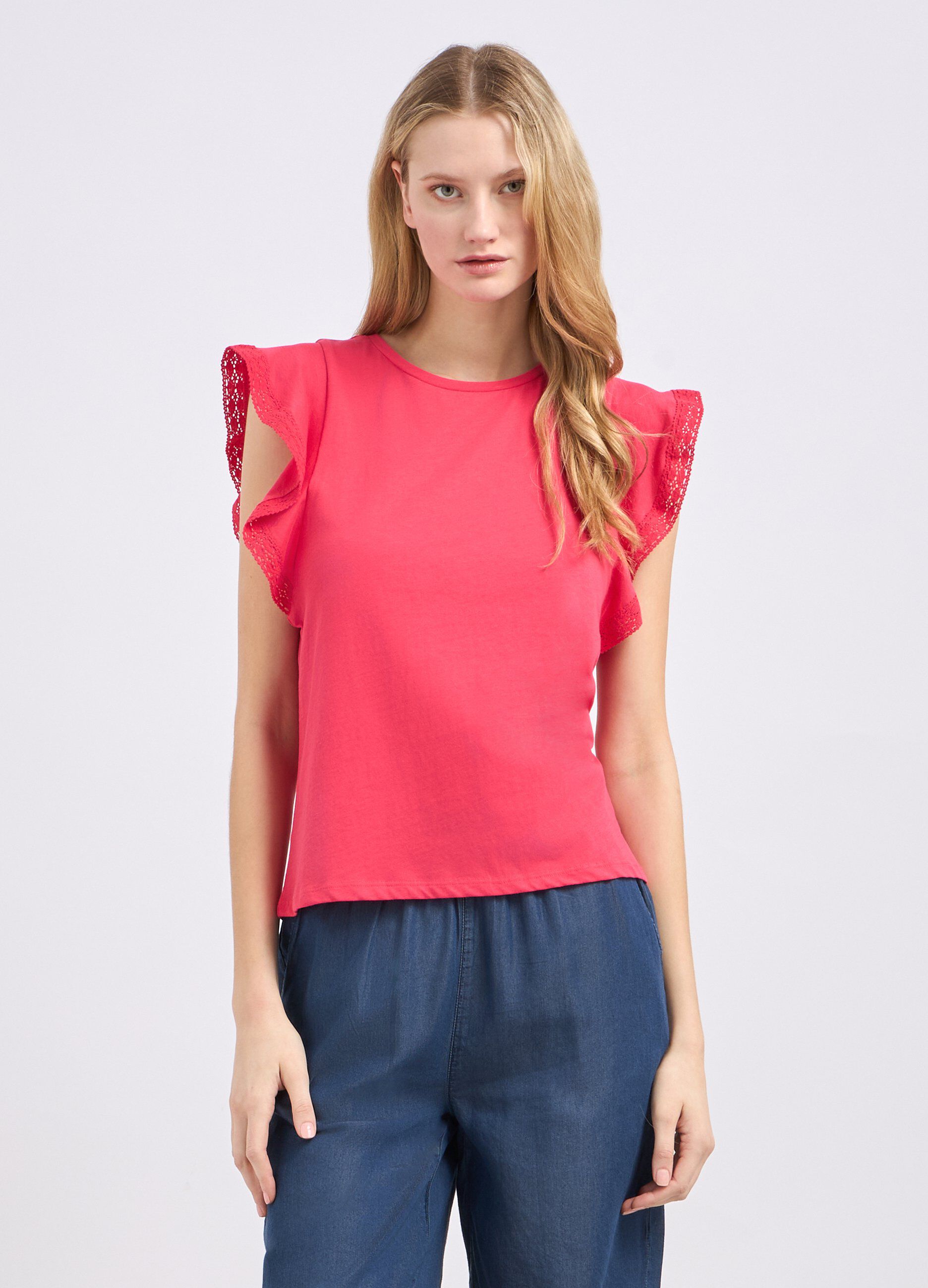 T-shirt in puro cotone con maniche ad aletta e pizzo donna_0