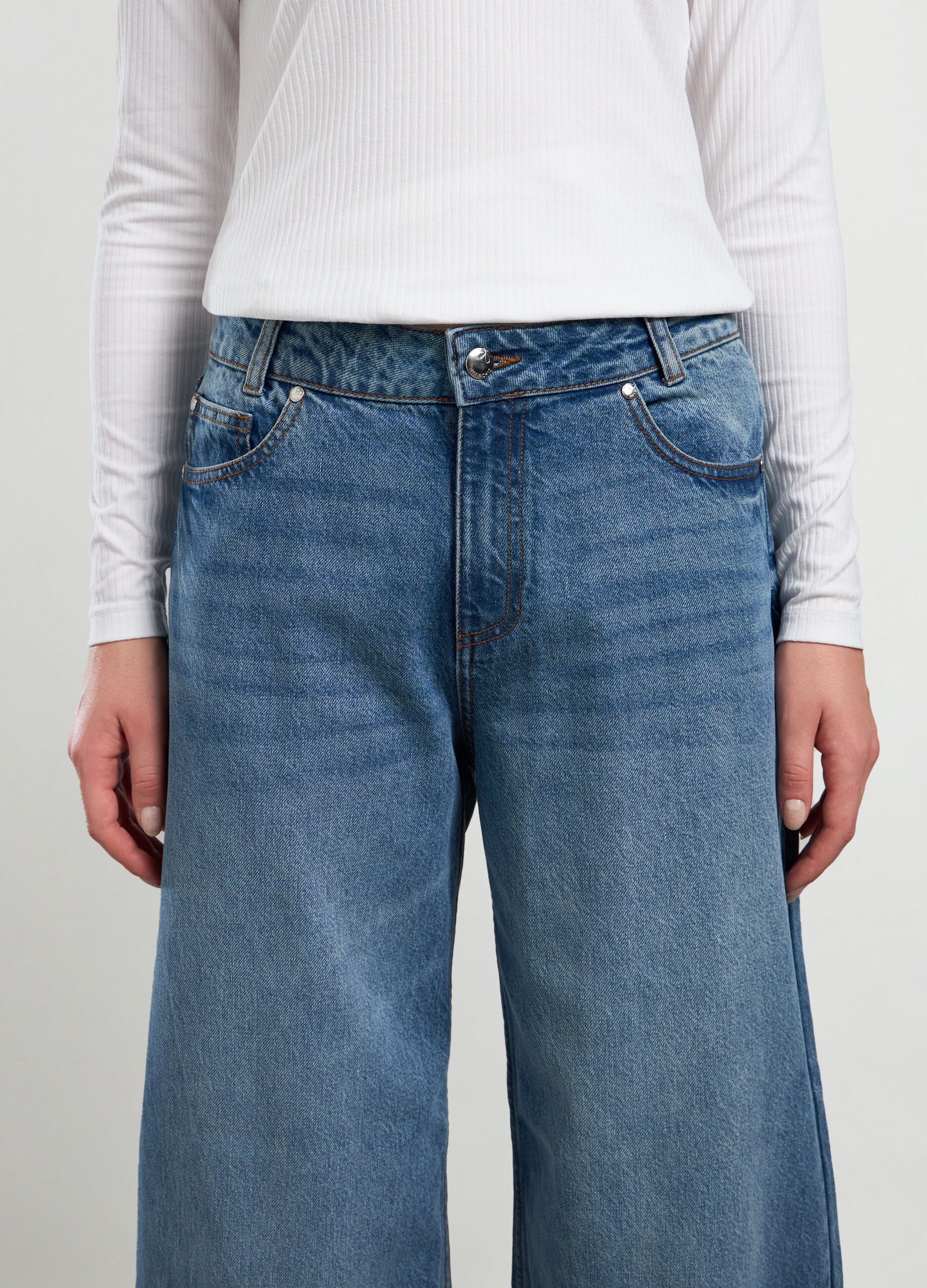 Pantaloni in denim di puro cotone wide leg donna_2