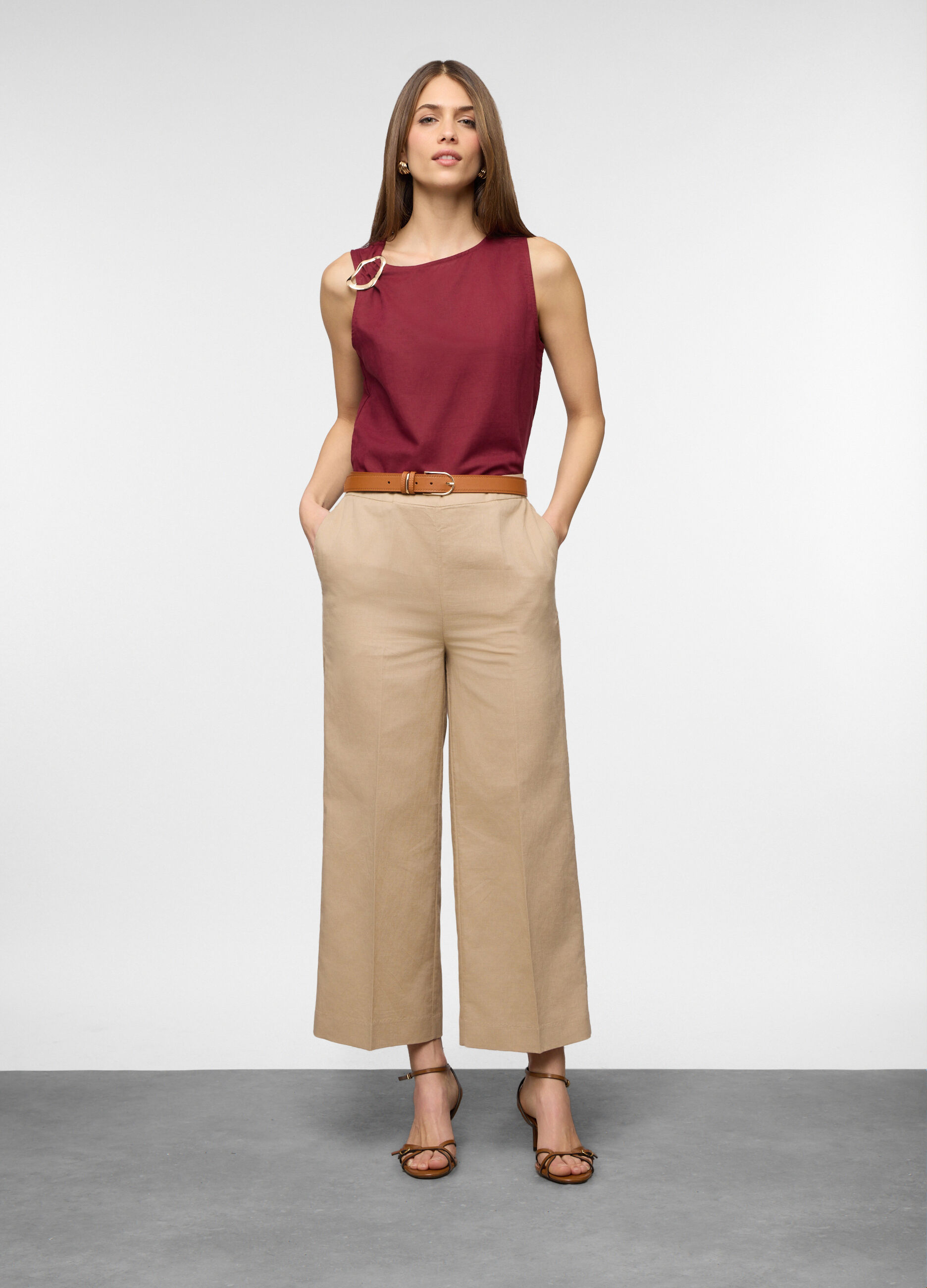 Pantaloni wide leg misto lino donna_0