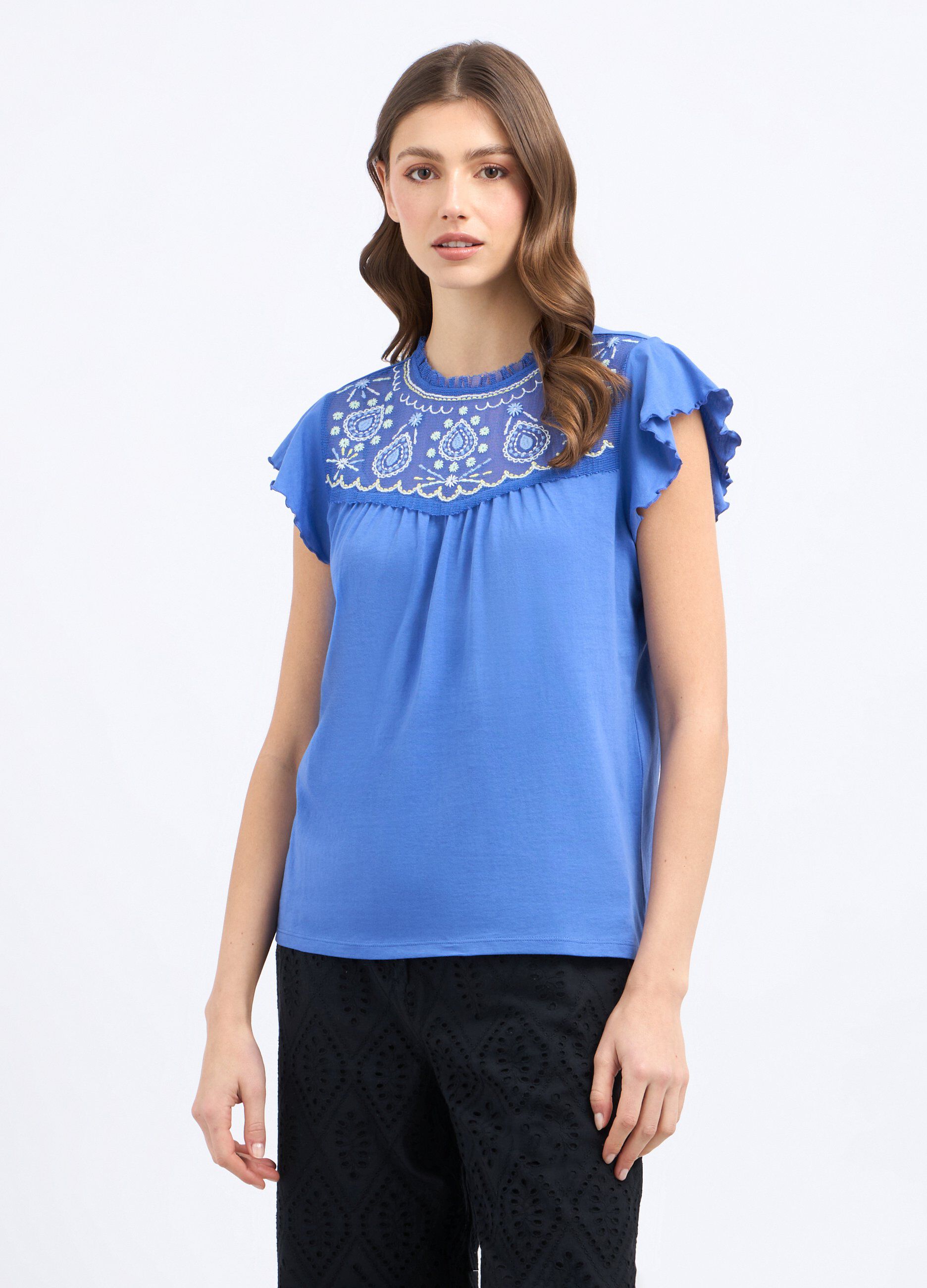 T-shirt con inserto ricamato in puro cotone donna