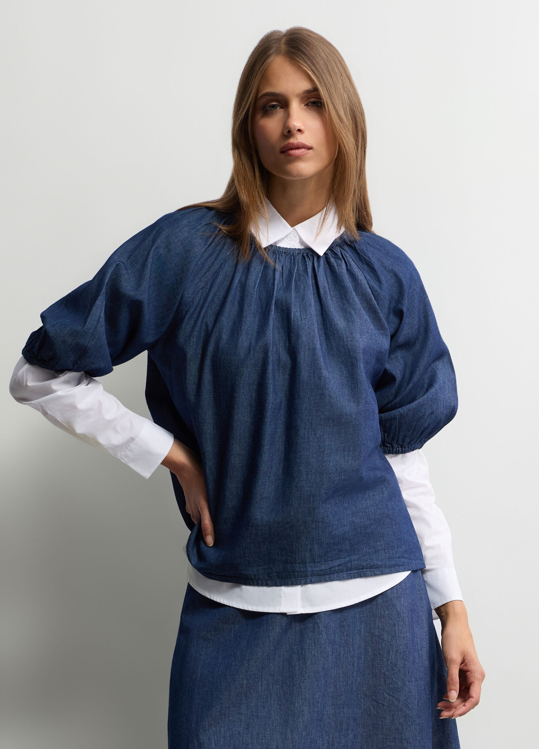 Blusa Fit Over in chambray di puro cotone donna_0