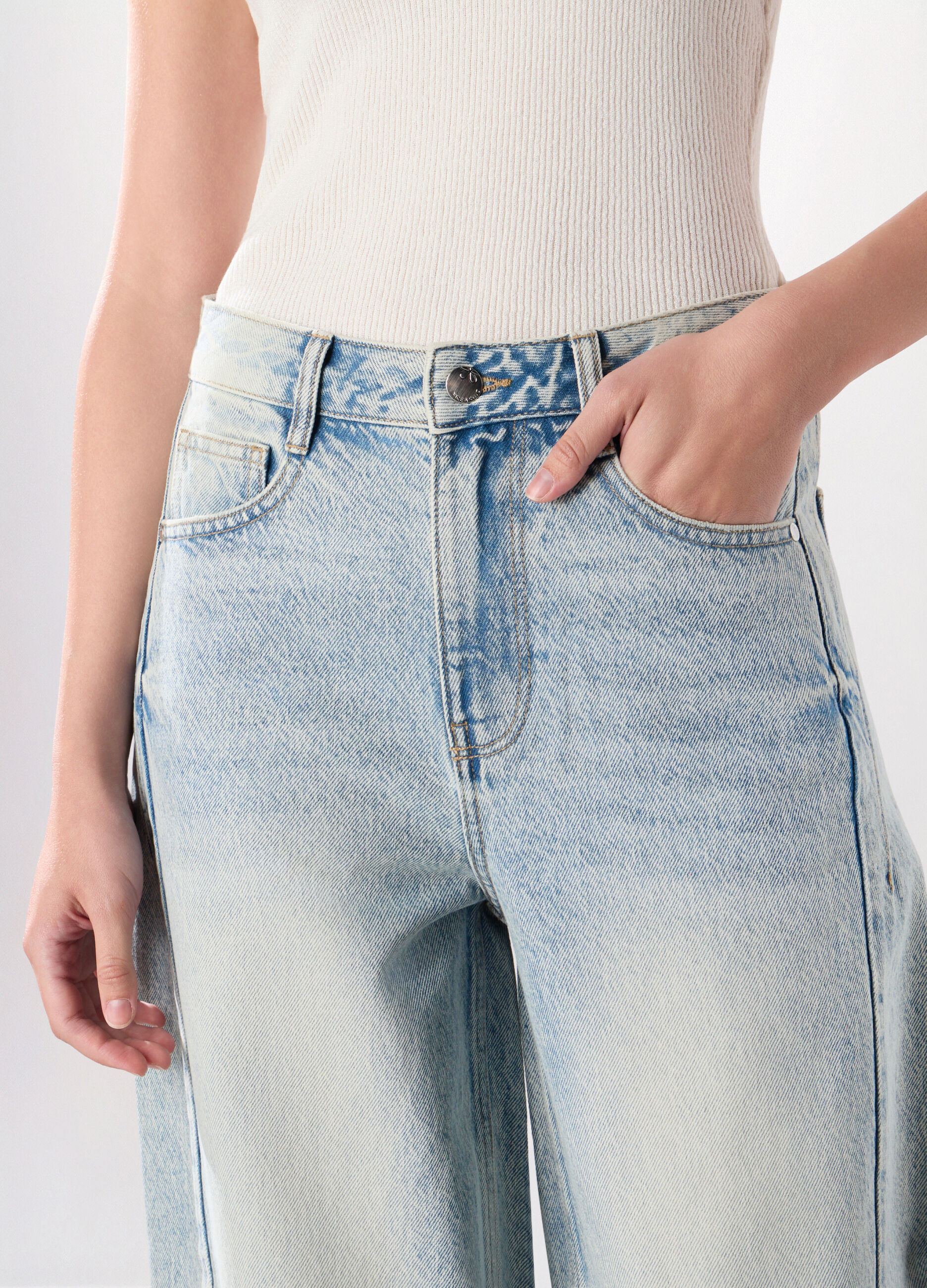 Pantaloni wide leg in denim di puro cotone donna_2