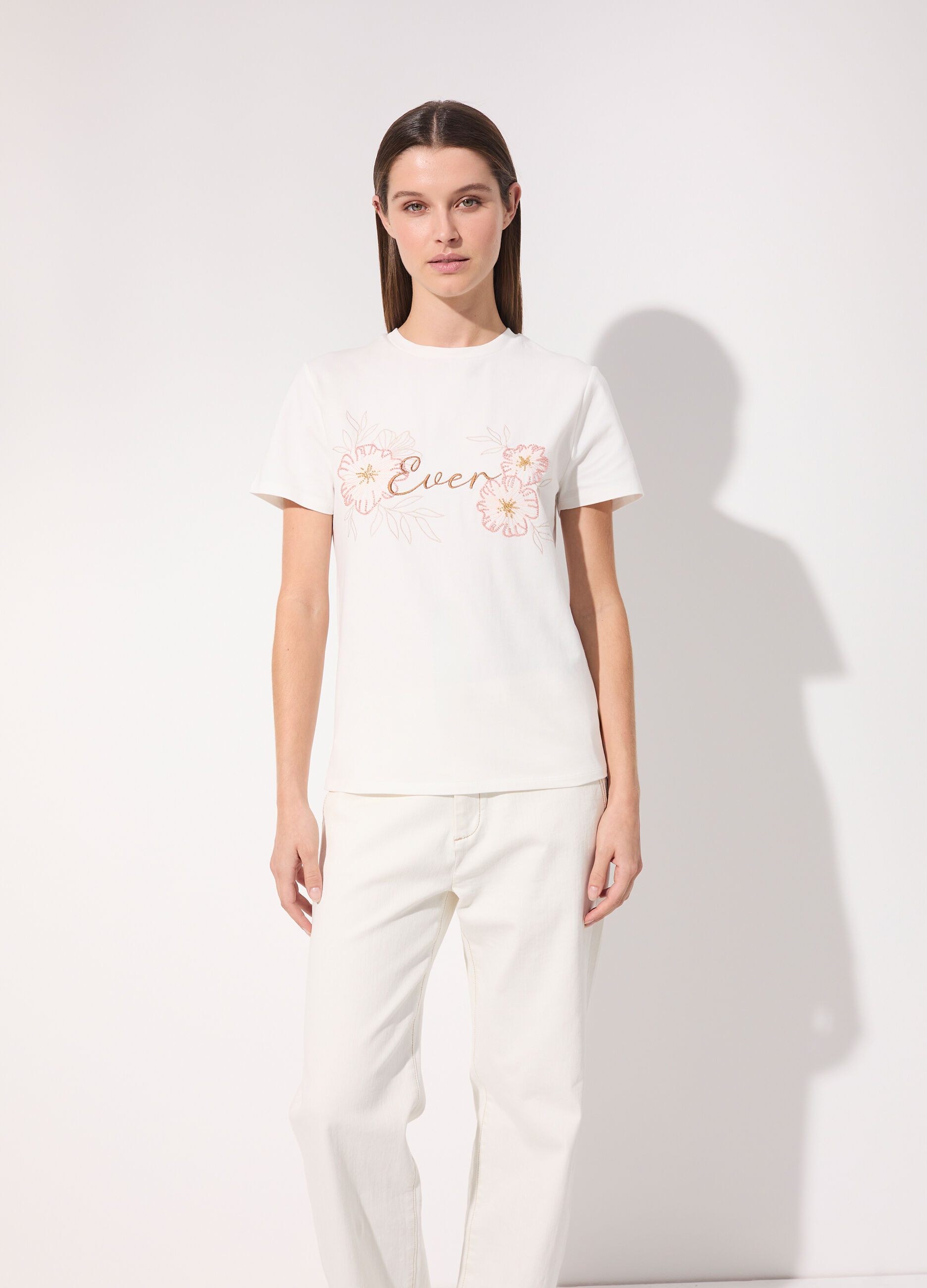 T-shirt in cotone stretch con ricami donna_1