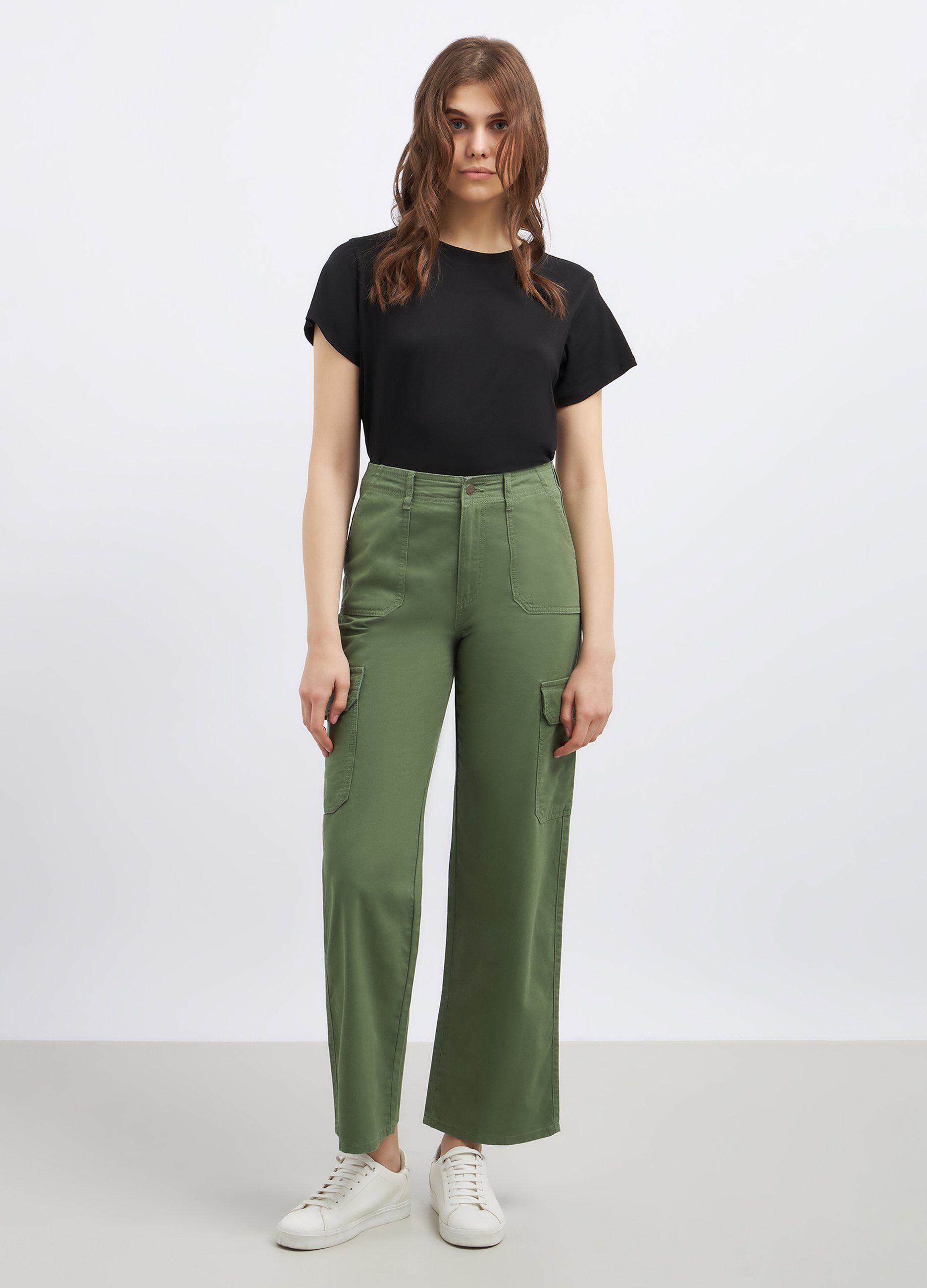Pantaloni cargo in denim di puro cotone donna_0