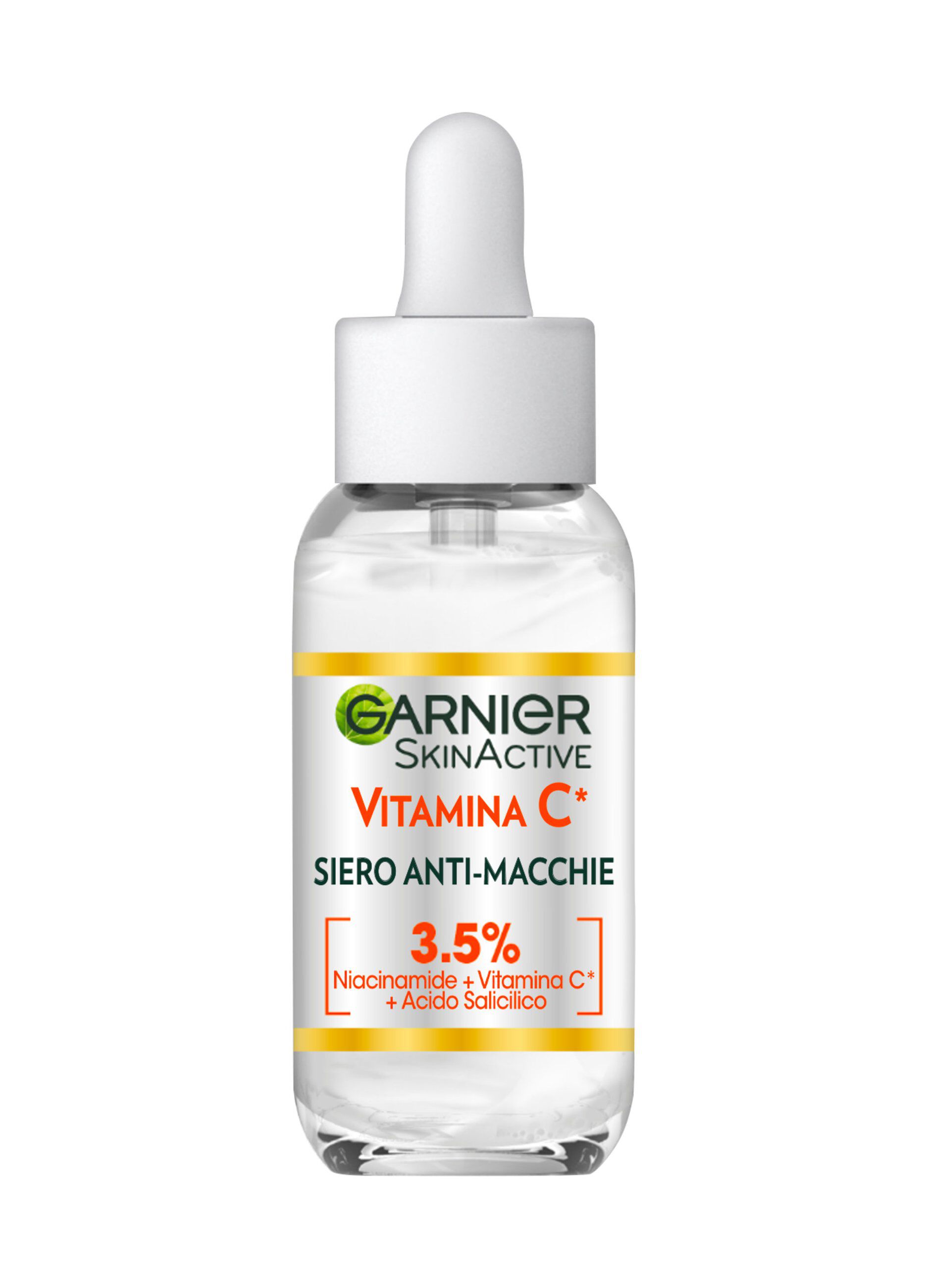 Garnier Siero Vitamina C Anti-Macchie, Illuminante e Rimpolpante, Arricchito con Vitamina C, Niacinamide e Acido Salicilico, Pelle Libera dalle Macchie Scure in Solo 6 Giorni e Incarnato Luminoso, 30 ml.