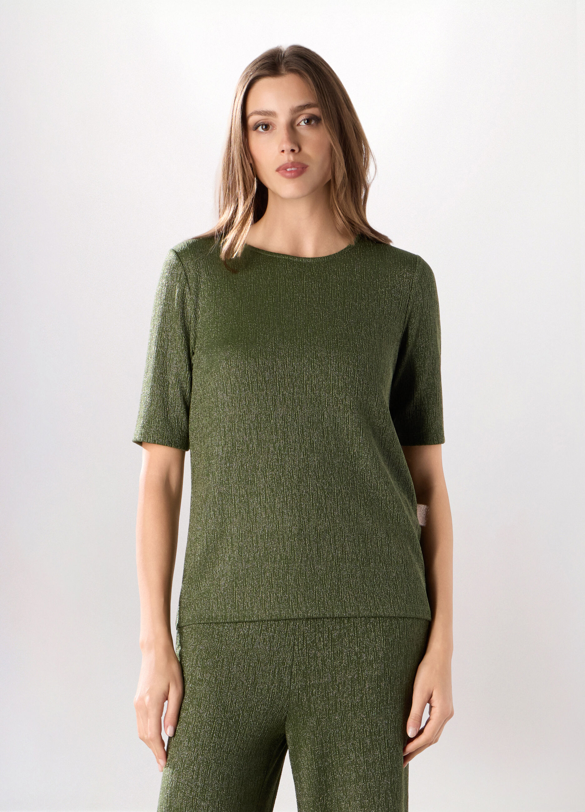 T-shirt crinkle a maniche corte e filo lurex donna_0