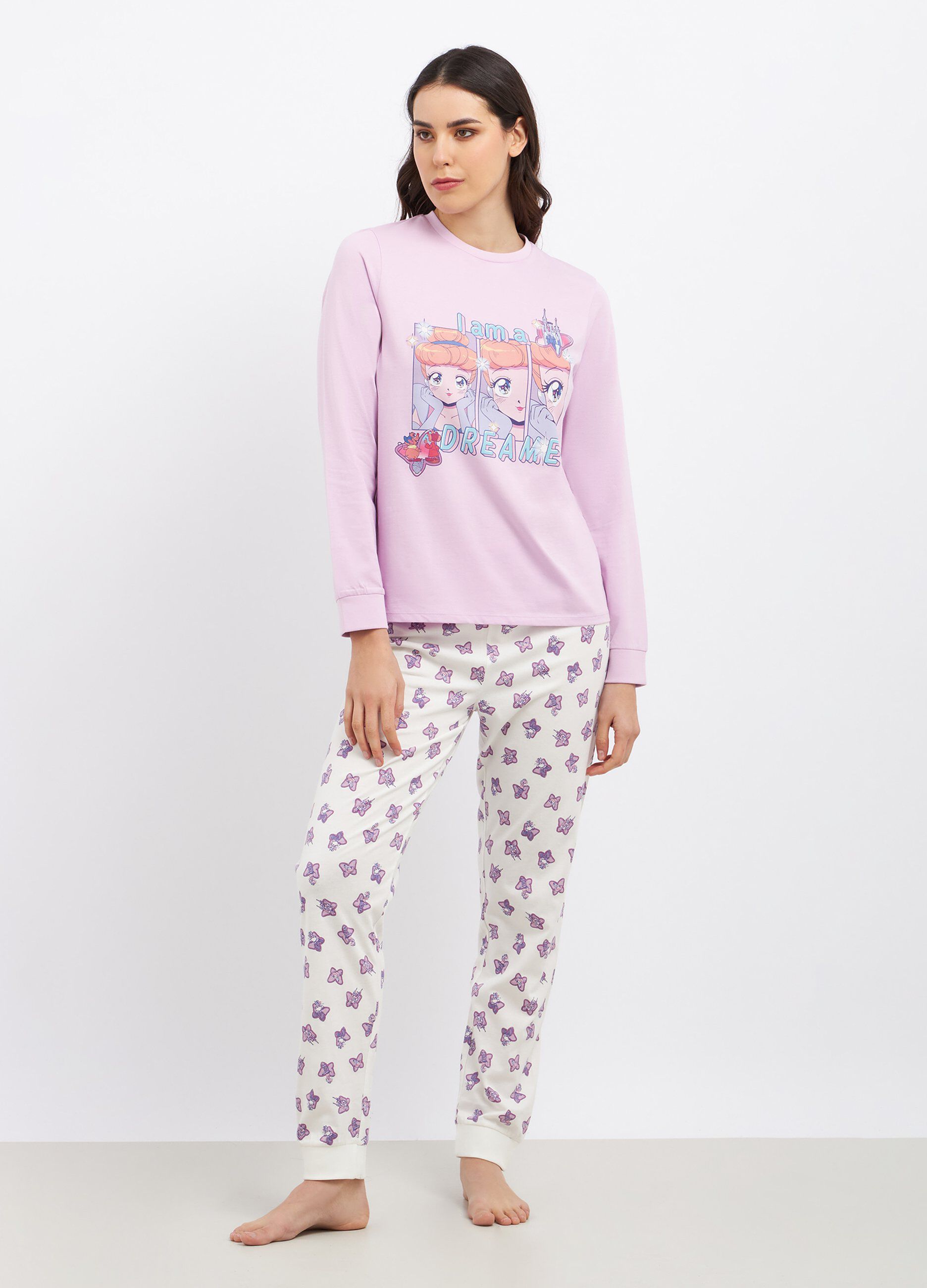 Set pigiama lungo in puro cotone con stampa donna_0